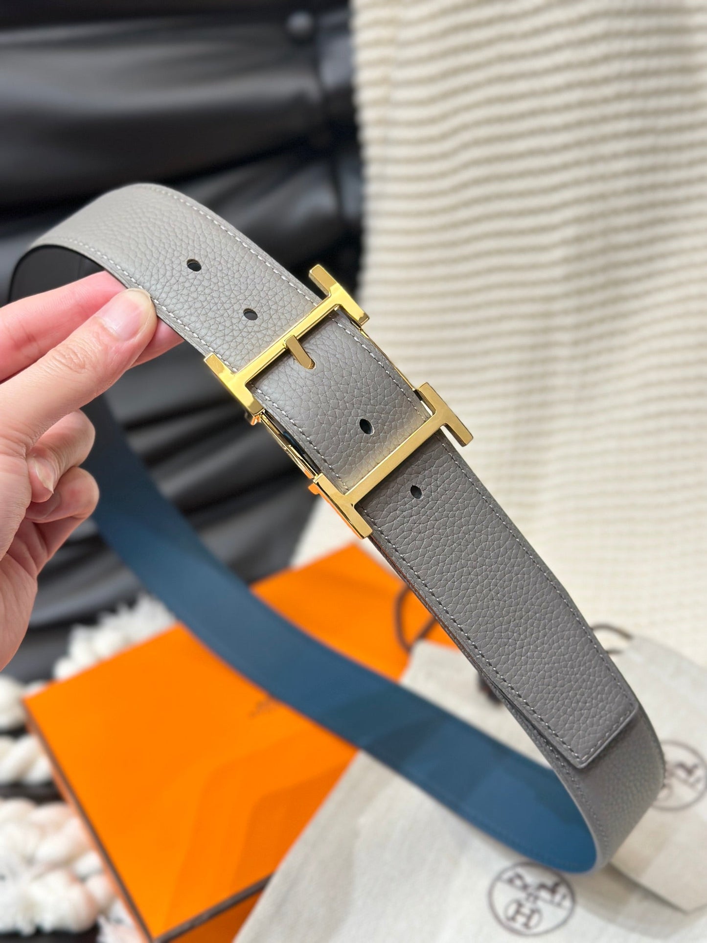 HM HADRIEN 38MM REVERSIBLE BELT GREY AND BLUE LEATHER GOLD BUCKLE - 30