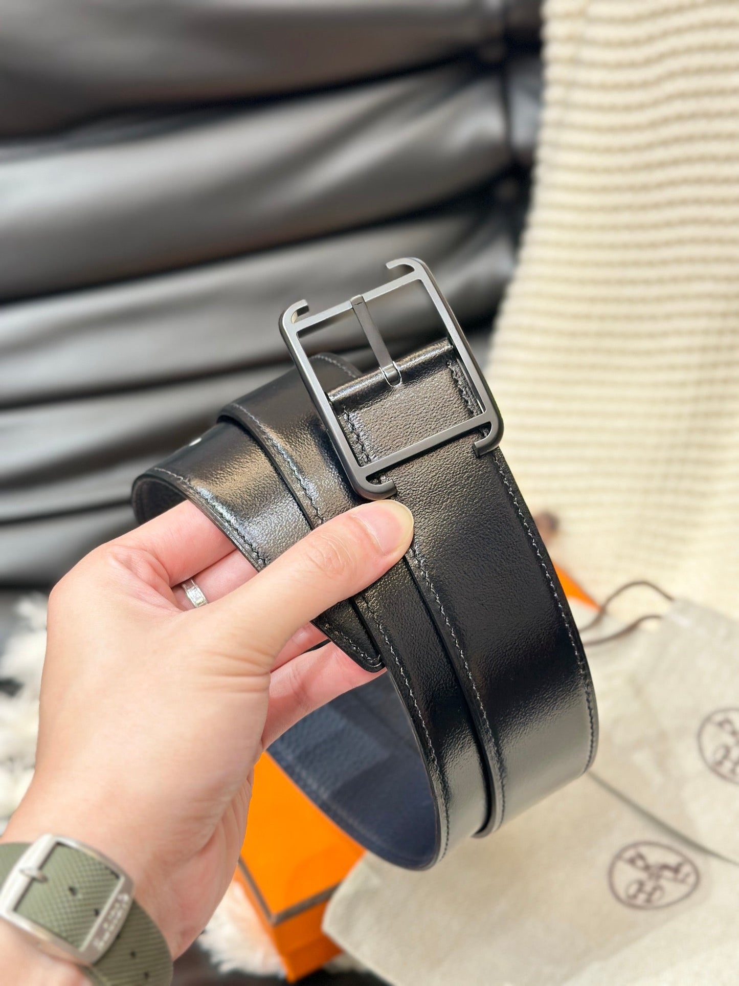 HM HADRIEN 38MM REVERSIBLE BELT NAVY BLUE AND BLACK LEATHER BLACK BUCKLE - 30