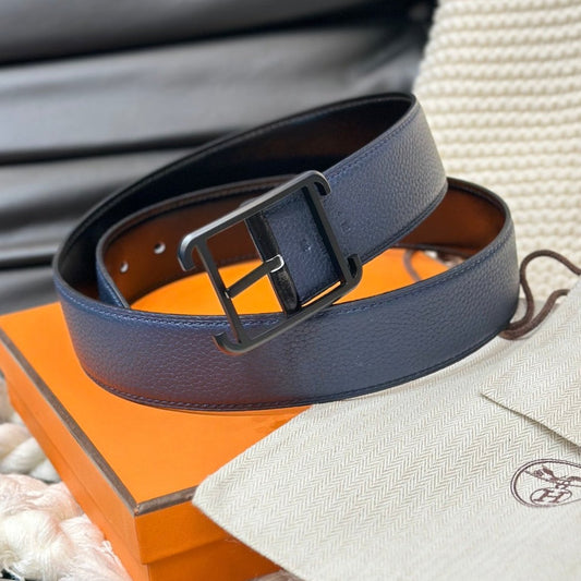 HM HADRIEN 38MM REVERSIBLE BELT NAVY BLUE AND BLACK LEATHER BLACK BUCKLE - 30