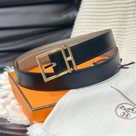 HM NATHAN 32MM REVERSIBLE BELT IN BLACK AND TAN LEATHER GOLD BUCKLE - 30