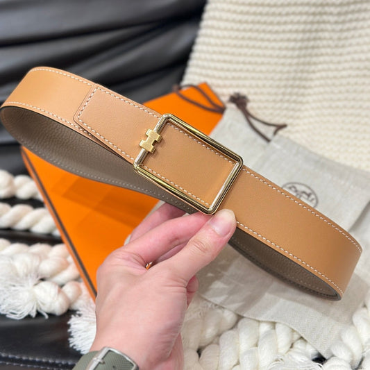 HM TUBE H BELT GOLD BUCKLE & REVERSIBLE HONEY ORANGE LEATHER STRAP 38MM - 30