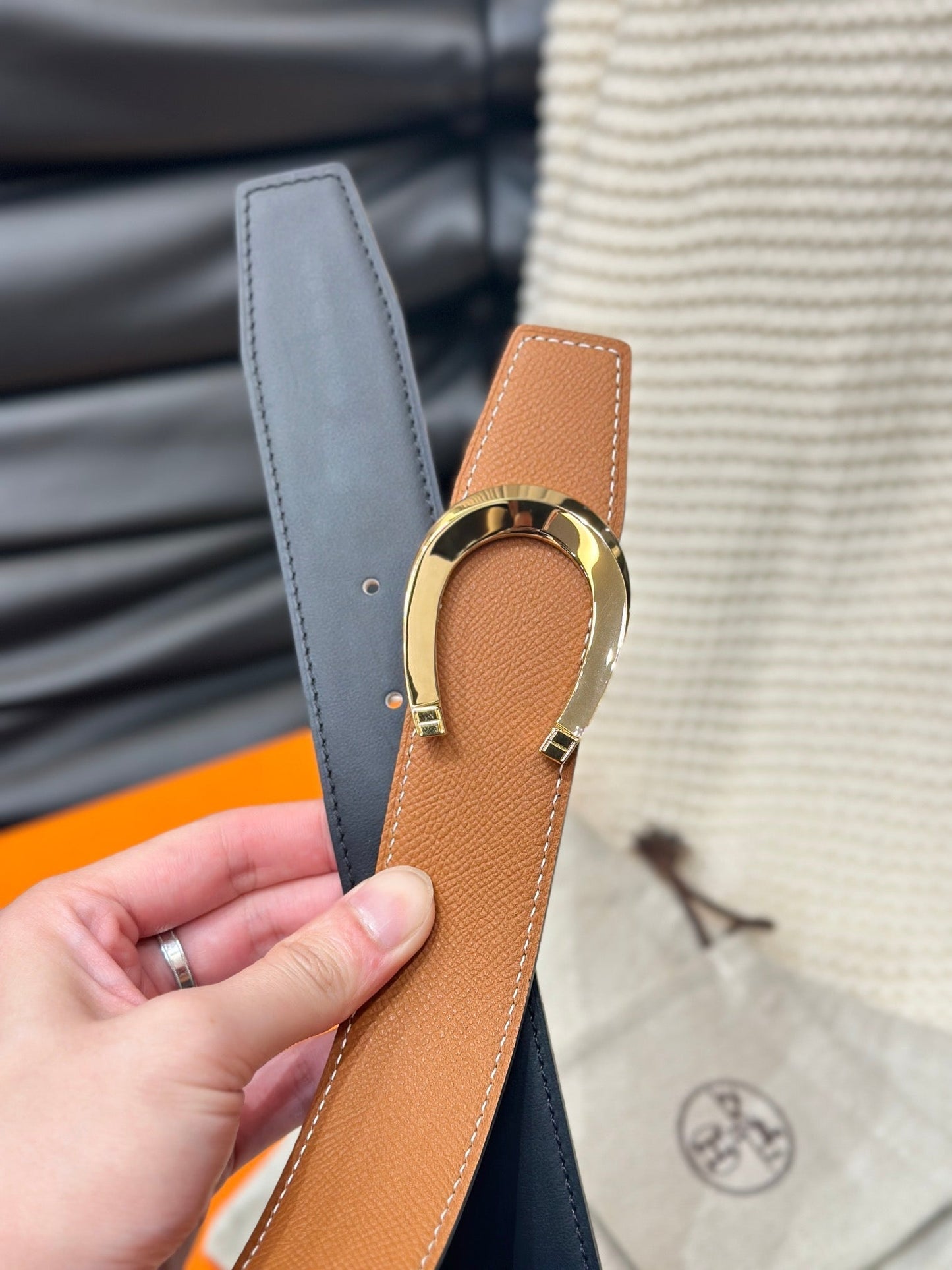 HM LUCK BELT GOLD BUCKLE & REVERSIBLE DARK ORANGE LEATHER STRAP 38MM - 30