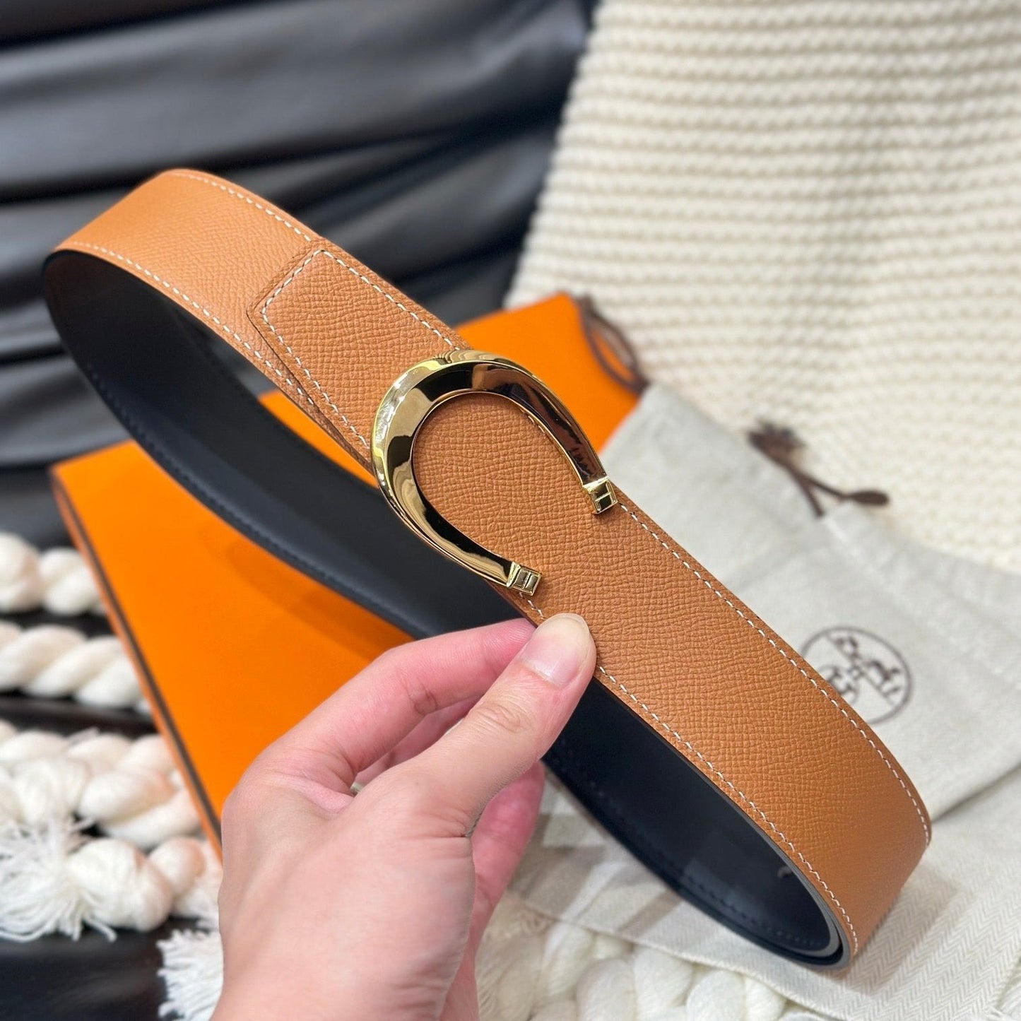 HM LUCK BELT GOLD BUCKLE & REVERSIBLE DARK ORANGE LEATHER STRAP 38MM - 30