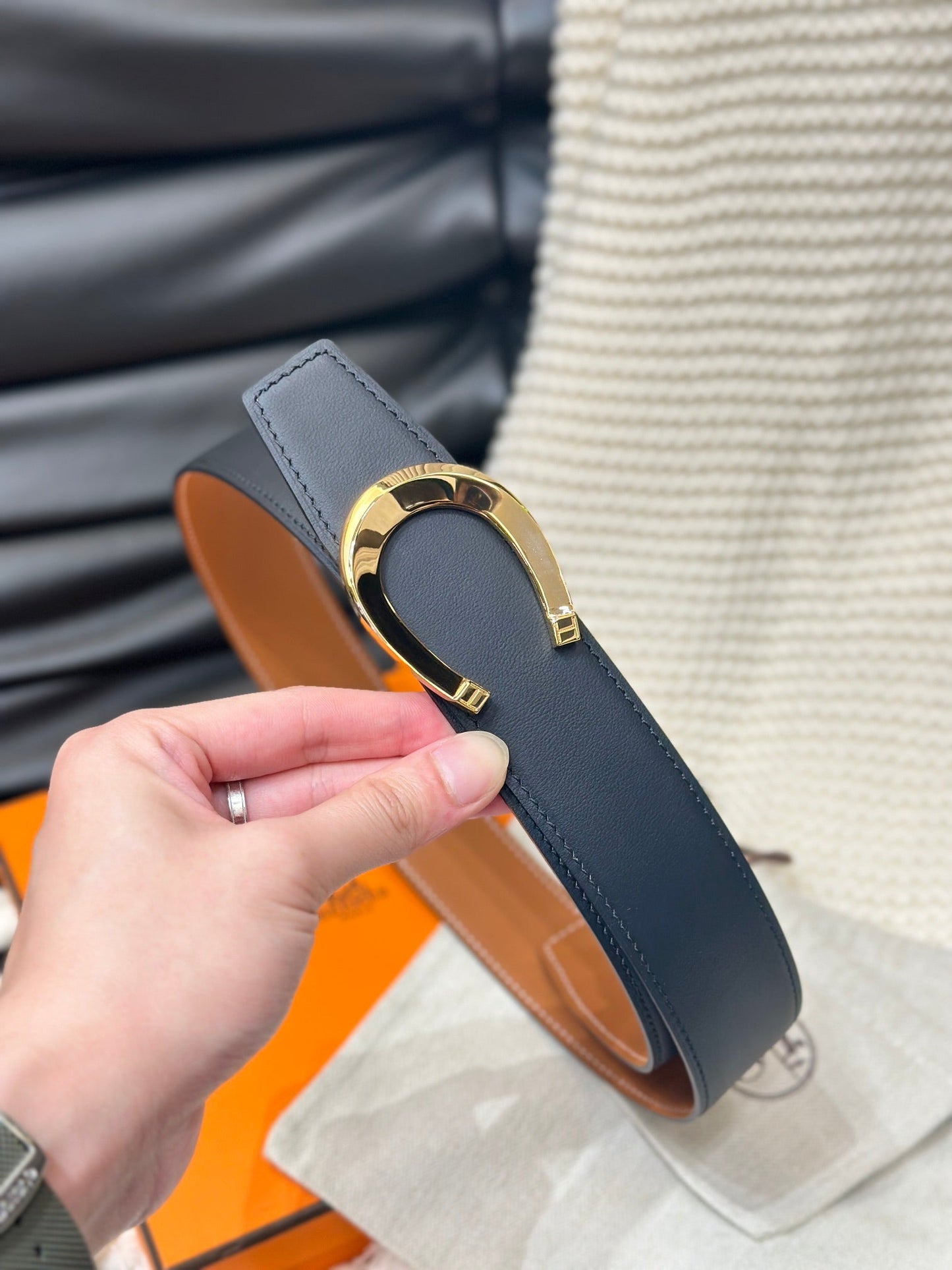 HM LUCK BELT GOLD BUCKLE & REVERSIBLE DARK ORANGE LEATHER STRAP 38MM - 30