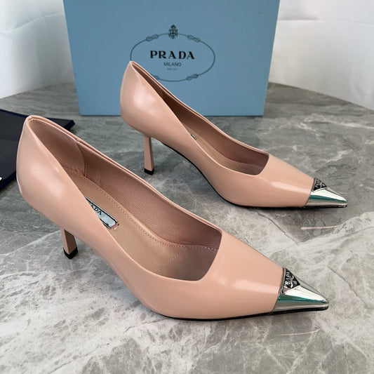 PRADA 25S METAL-CAPPED POINTED-TOE HIGH HEELS IN WARM BEIGE CALFSKIN - 34