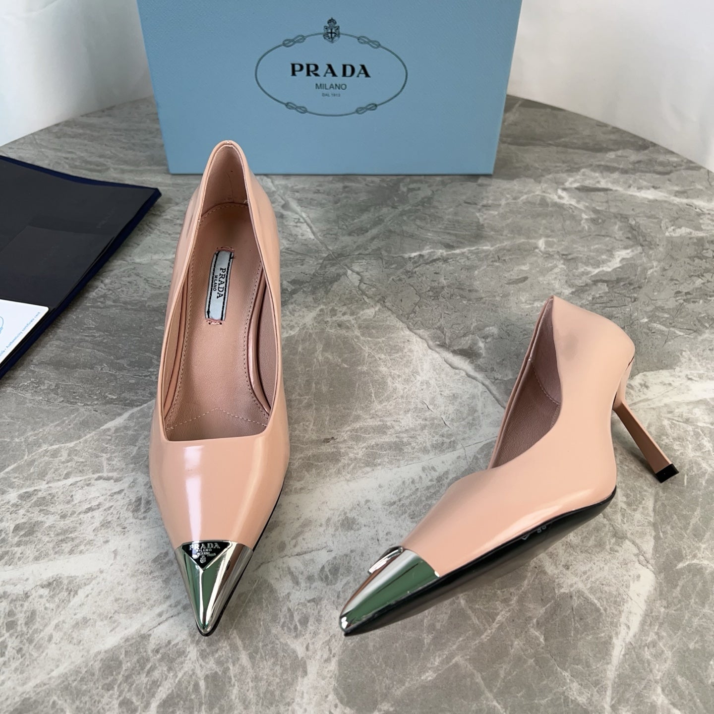 PRADA 25S METAL-CAPPED POINTED-TOE HIGH HEELS IN WARM BEIGE CALFSKIN - 34
