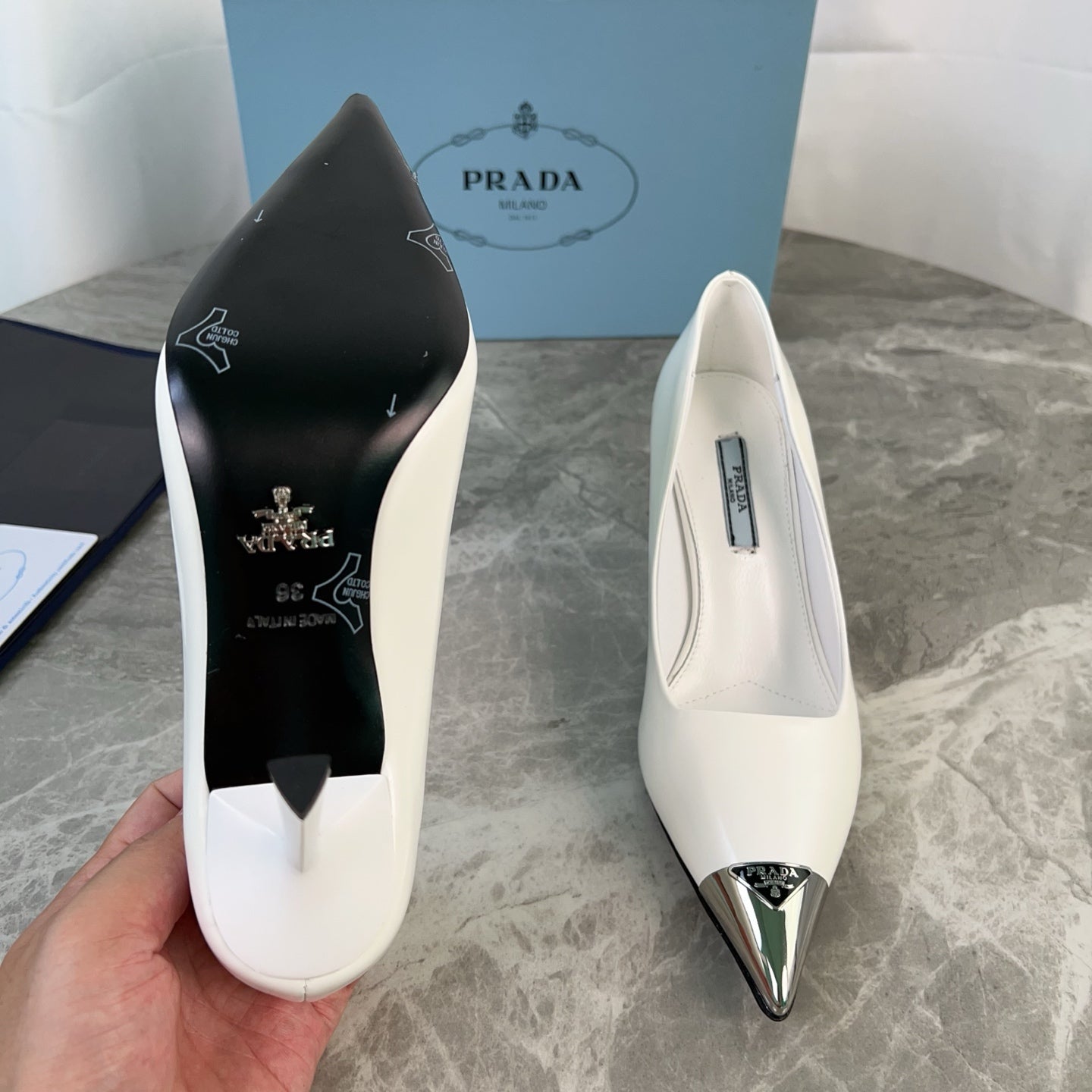PRADA 25S METAL-CAPPED POINTED-TOE HIGH HEELS IN WHITE CALFSKIN - 34