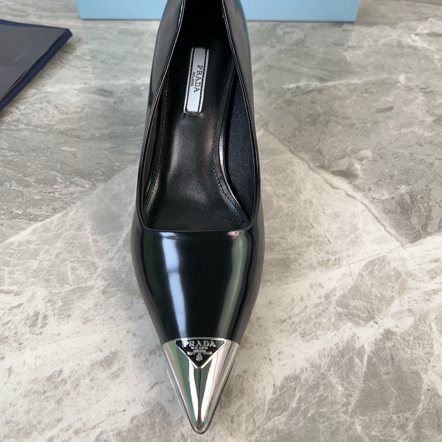 PRADA 25S METAL-CAPPED POINTED-TOE HIGH HEELS IN BLACK CALFSKIN - 34