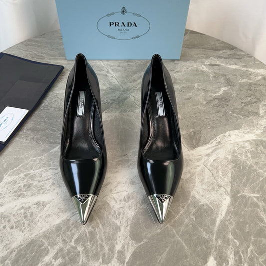 PRADA 25S ЗАГОСТРЕНІ ТУФЛІ НА ВИСОКИХ ПІДБОРАХ З МЕТАЛЕВИМ НОСОМ, ЧОРНА ТЕЛЯЧА ШКІРА - 34