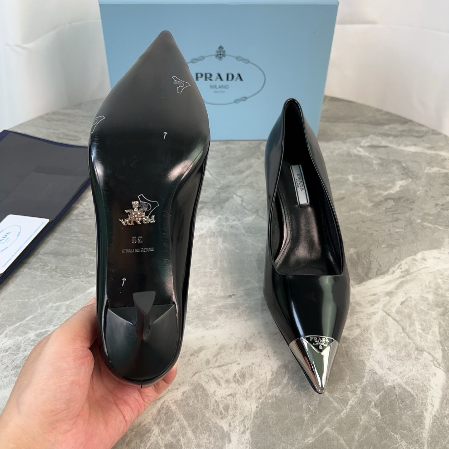 PRADA 25S METAL-CAPPED POINTED-TOE HIGH HEELS IN BLACK CALFSKIN - 34