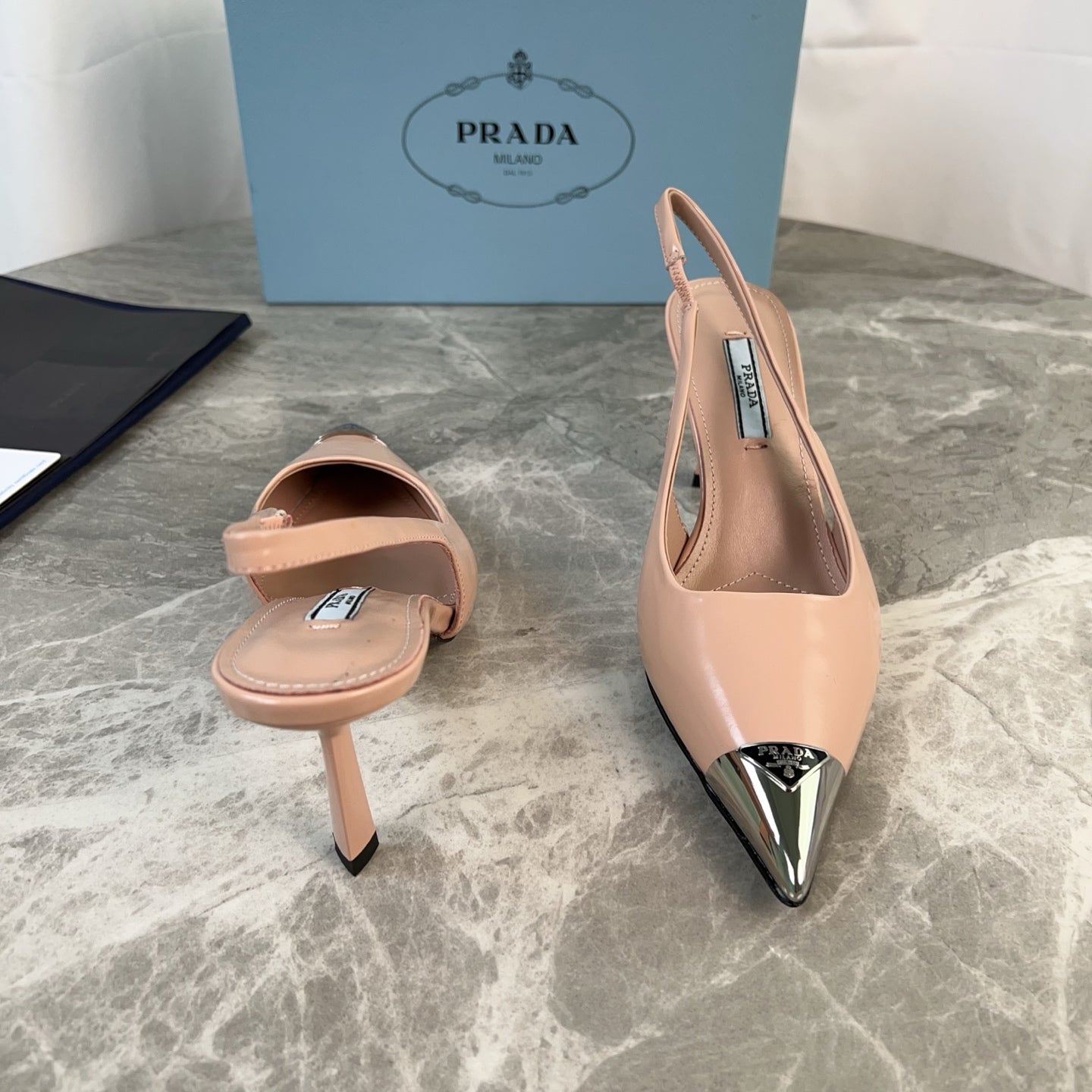 PRADA 25S METAL-TOE SLINGBACK PUMPS IN WARM BEIGE CALFSKIN - 34