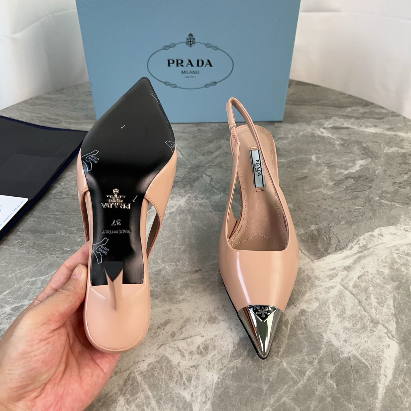 PRADA 25S METAL-TOE SLINGBACK PUMPS IN WARM BEIGE CALFSKIN - 34