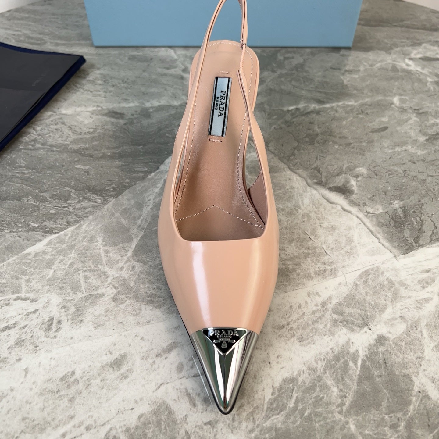 PRADA 25S METAL-TOE SLINGBACK PUMPS IN WARM BEIGE CALFSKIN - 34