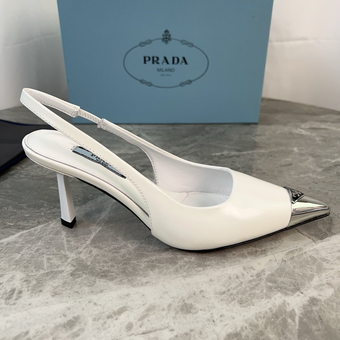 PRADA 25S METAL-TOE SLINGBACK PUMPS IN WHITE CALFSKIN - 34