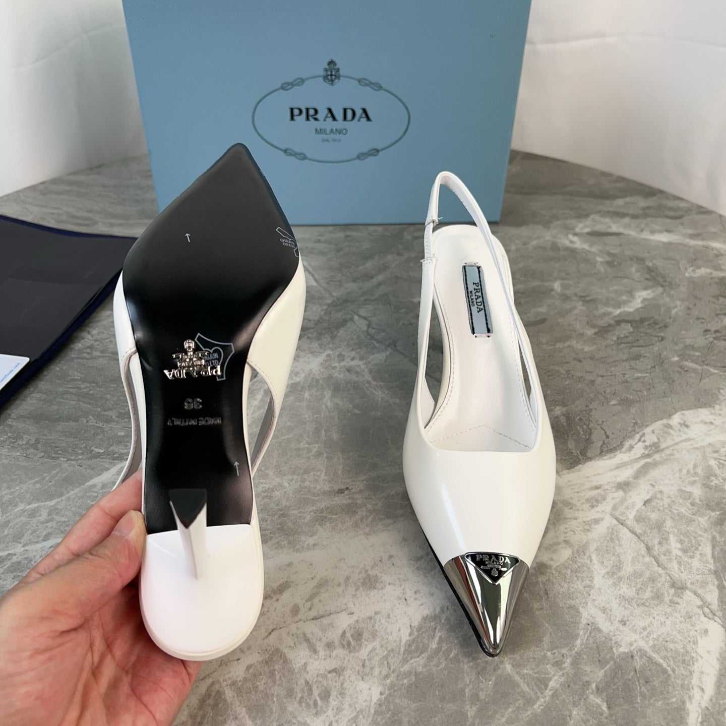 PRADA 25S METAL-TOE SLINGBACK PUMPS IN WHITE CALFSKIN - 34