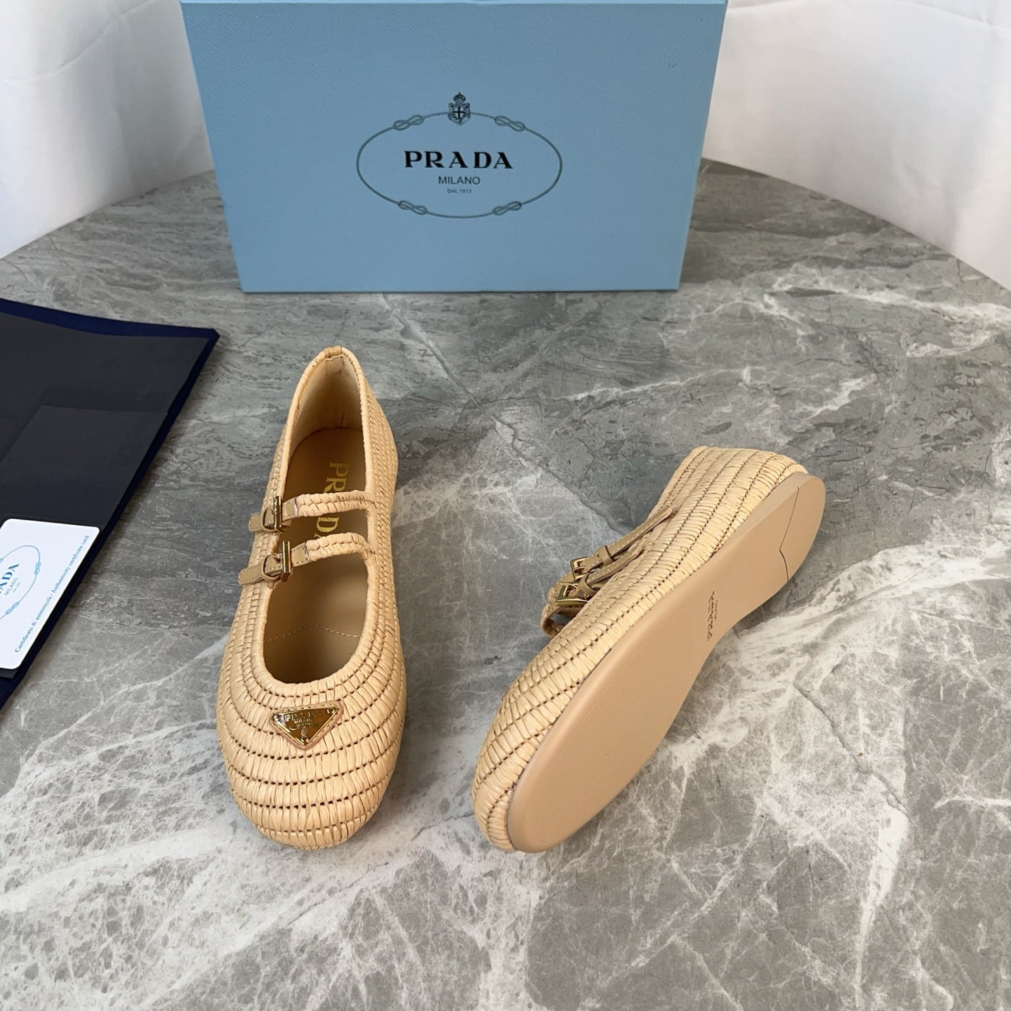 PRADA 25S BALLET FLAT IN NATURAL RAFFIA AND CALFSKIN - 35