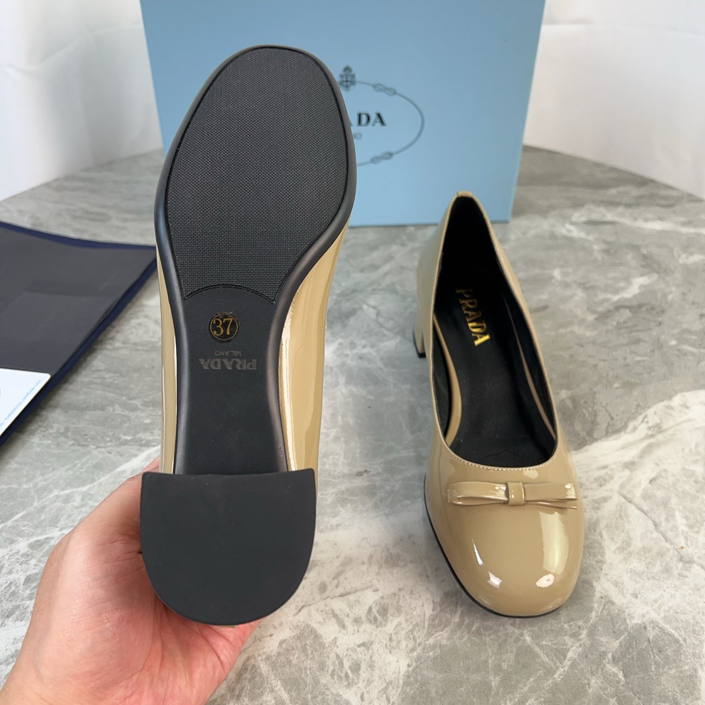 PRADA 25S LOW HEELS SLIP ON BOW 45MM IN GOLDEN BEIGE GLOSSY CALFSKIN - 34