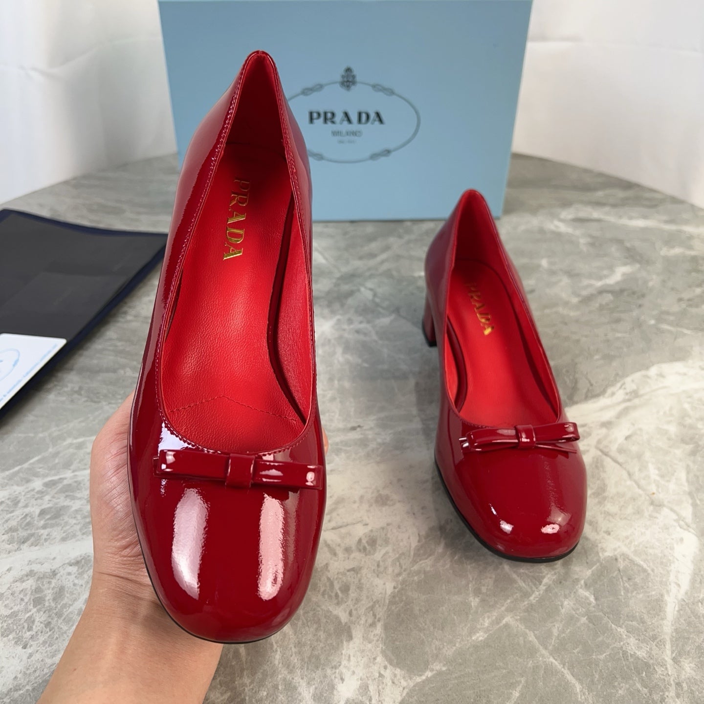 PRADA 25S LOW HEELS SLIP ON BOW 45MM IN DARK WINE RED GLOSSY CALFSKIN - 34