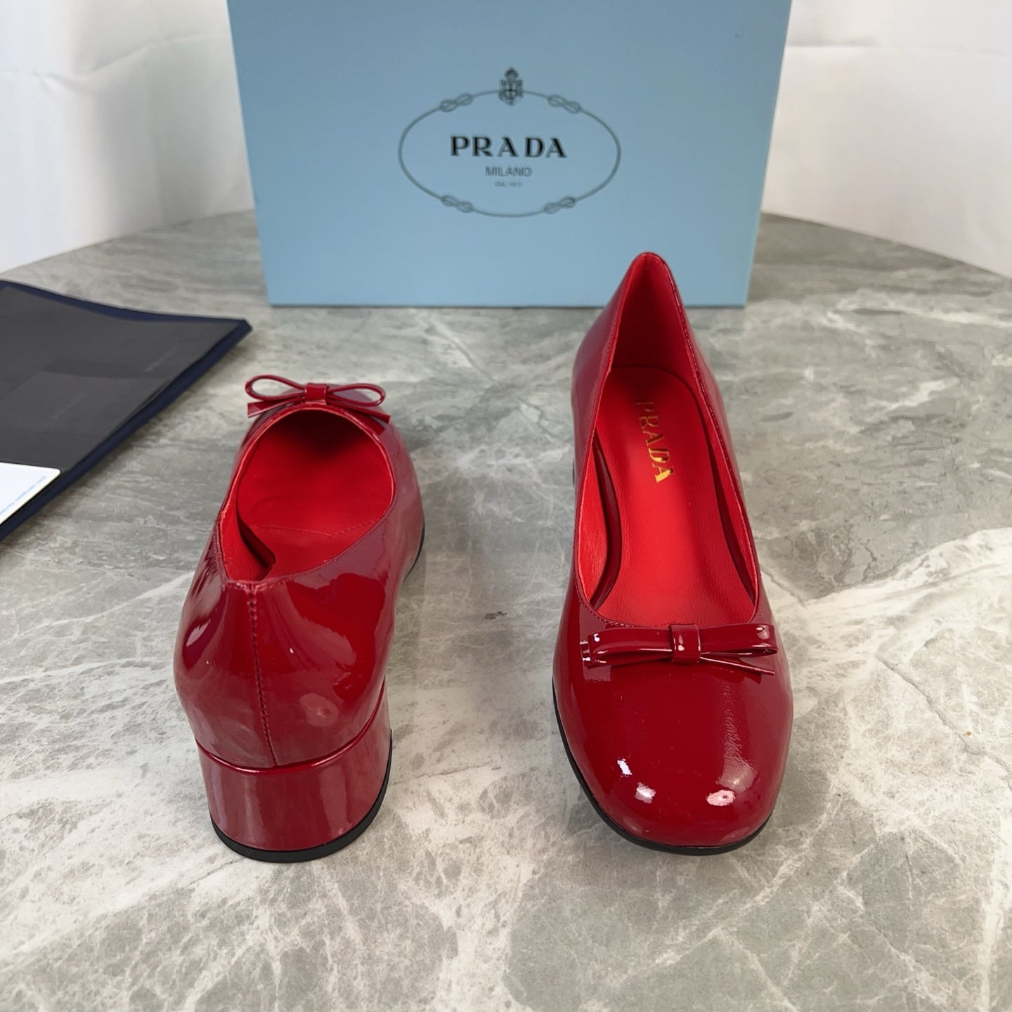 PRADA 25S LOW HEELS SLIP ON BOW 45MM IN DARK WINE RED GLOSSY CALFSKIN - 34