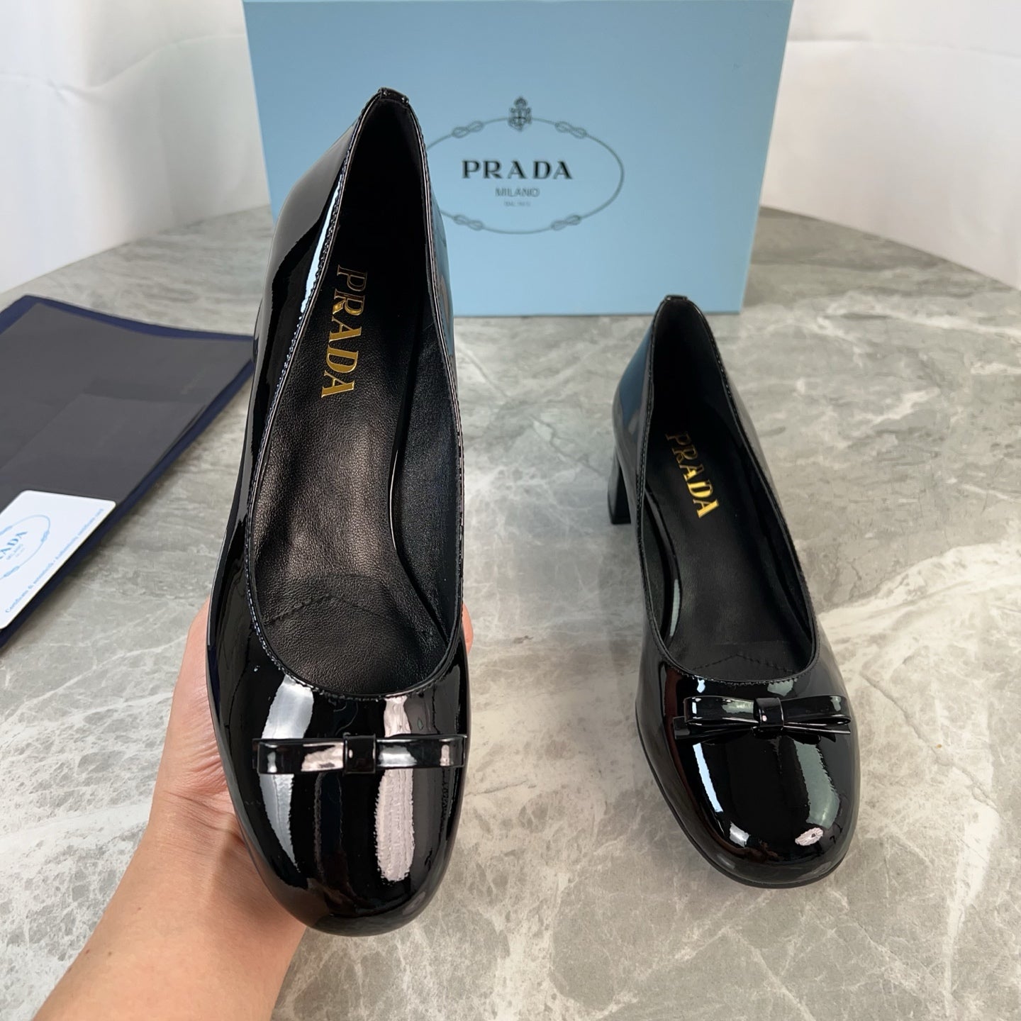 PRADA 25S LOW HEELS SLIP ON BOW 45MM IN BLACK GLOSSY CALFSKIN - 34
