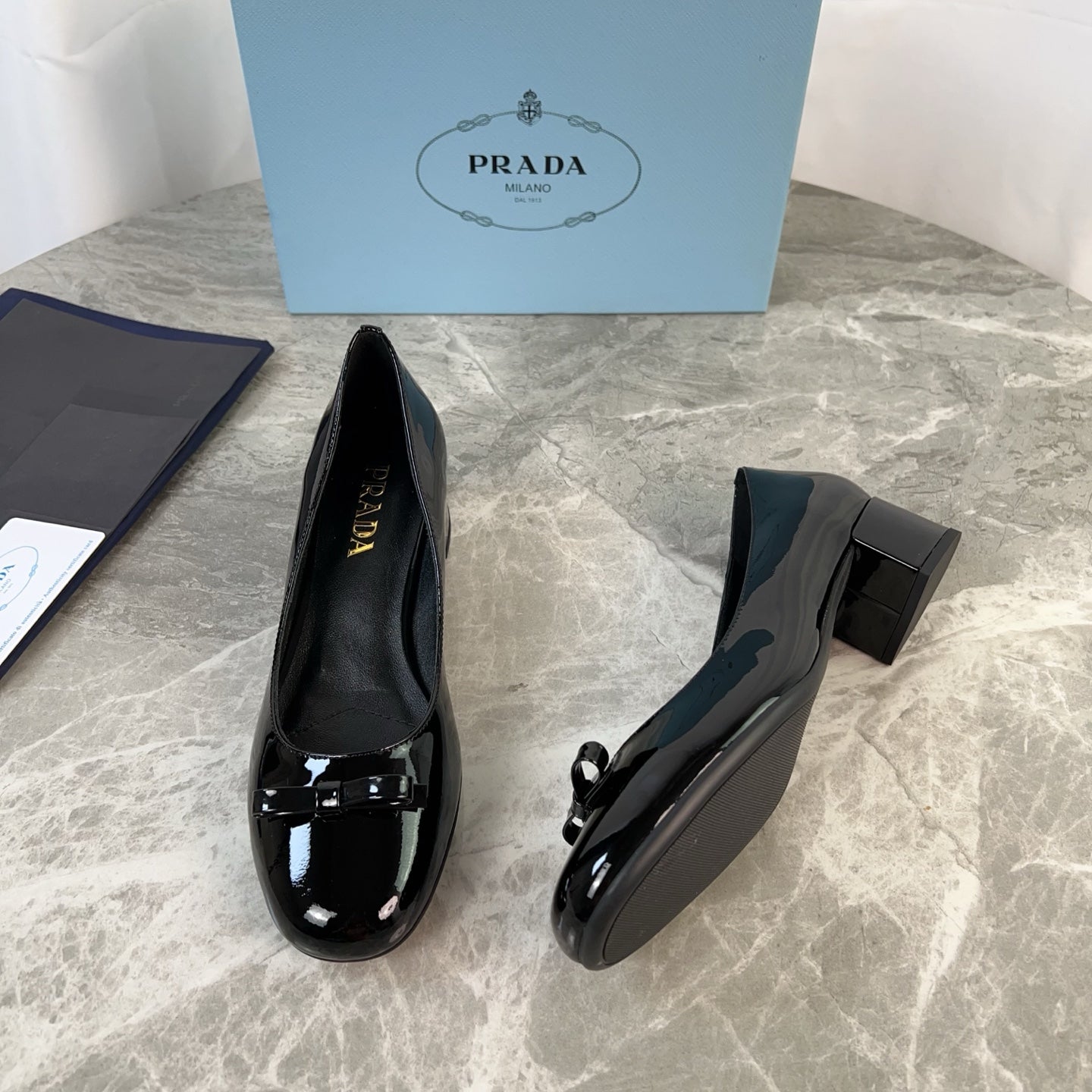 PRADA 25S LOW HEELS SLIP ON BOW 45MM IN BLACK GLOSSY CALFSKIN - 34