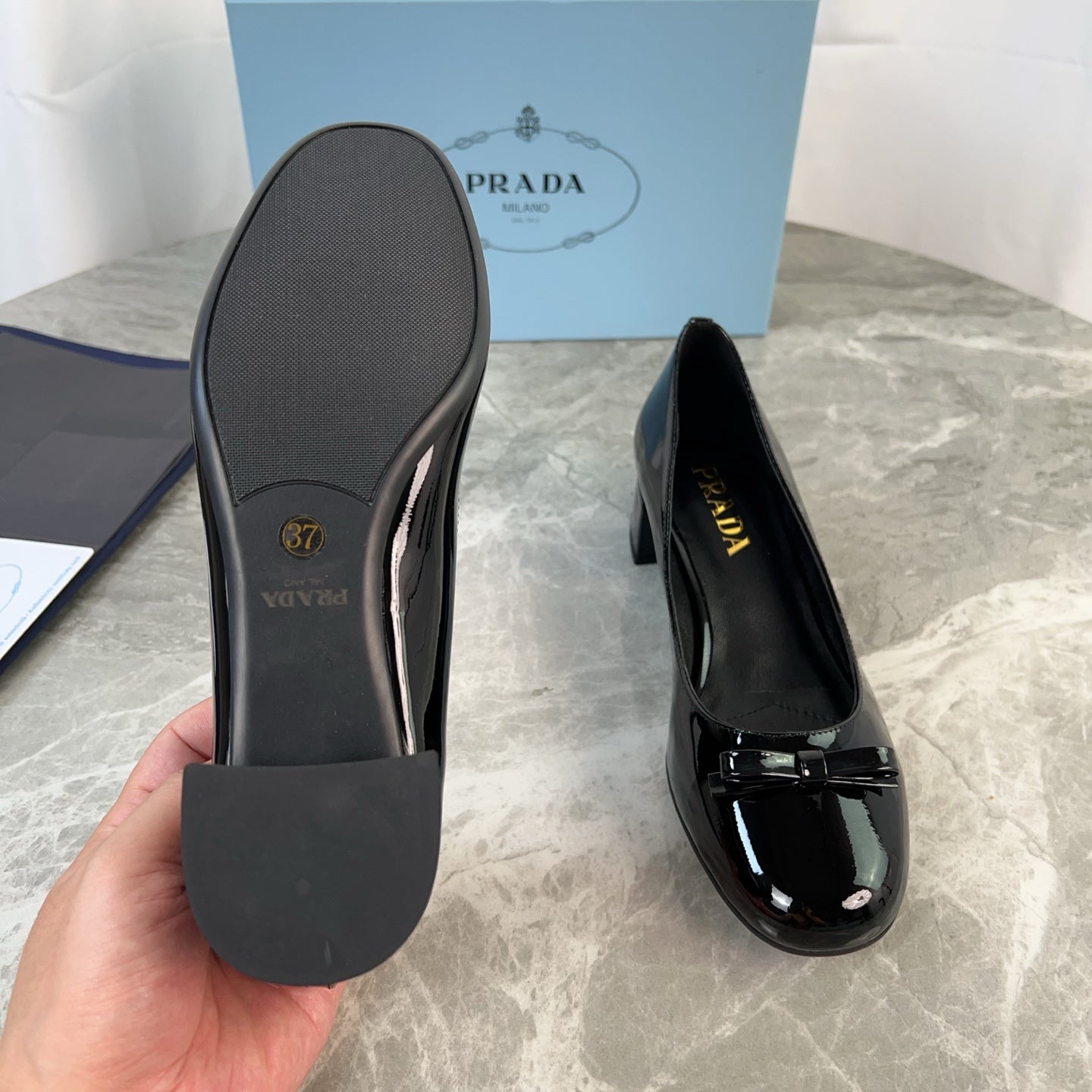 PRADA 25S LOW HEELS SLIP ON BOW 45MM IN BLACK GLOSSY CALFSKIN - 34