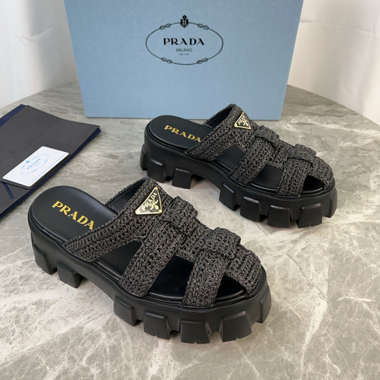 PRADA 25S MONOLITH RUBBER MULES IN BLACK RAFFIA AND LAMBSKIN - 35