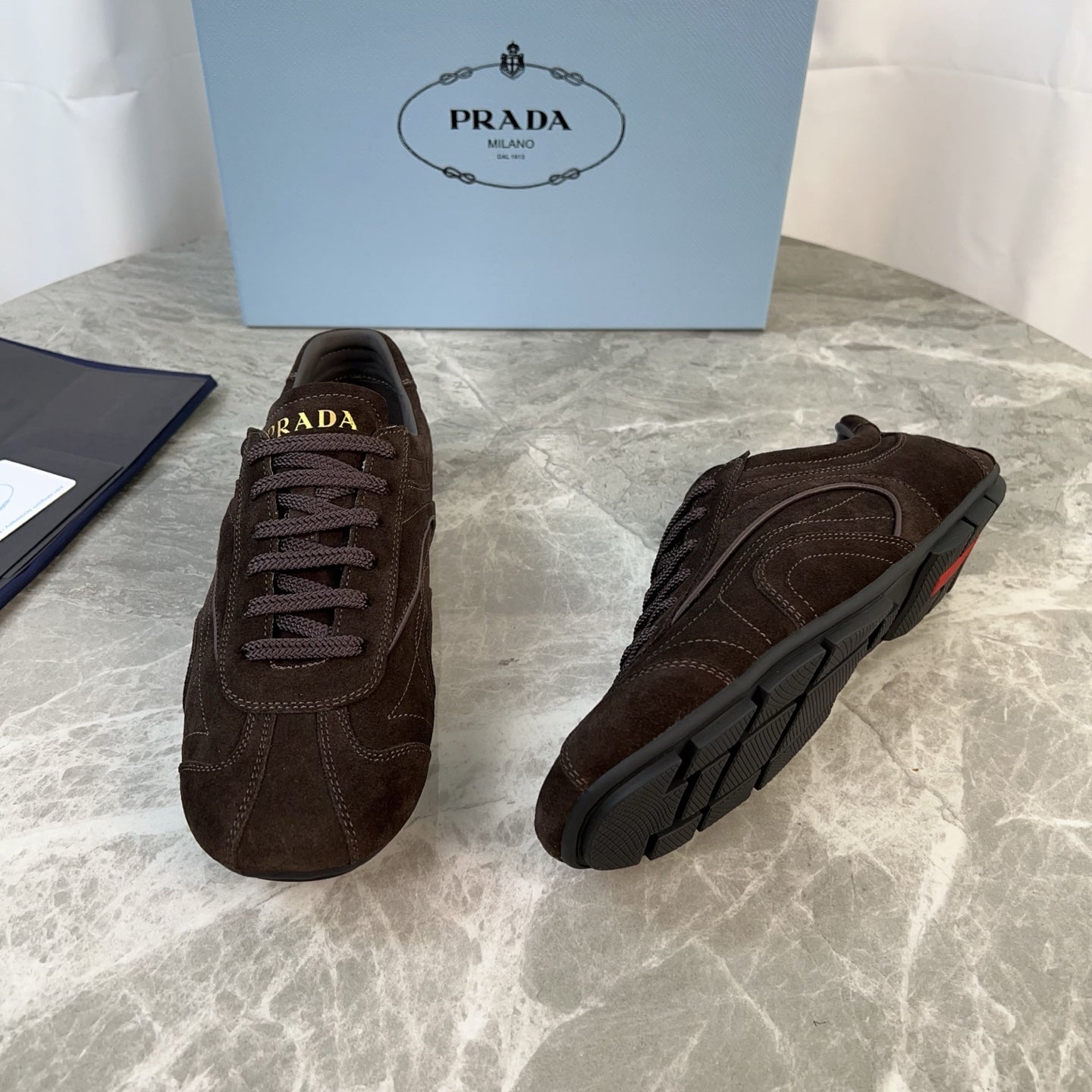 PRADA 25S MONTECARLO ANTIQUED SNEAKERS IN DARK BROWN SUEDE - 35