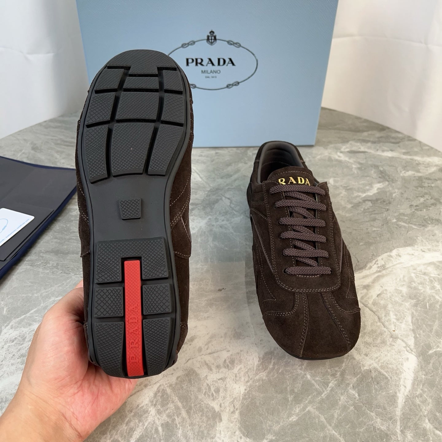 PRADA 25S MONTECARLO ANTIQUED SNEAKERS IN DARK BROWN SUEDE - 35