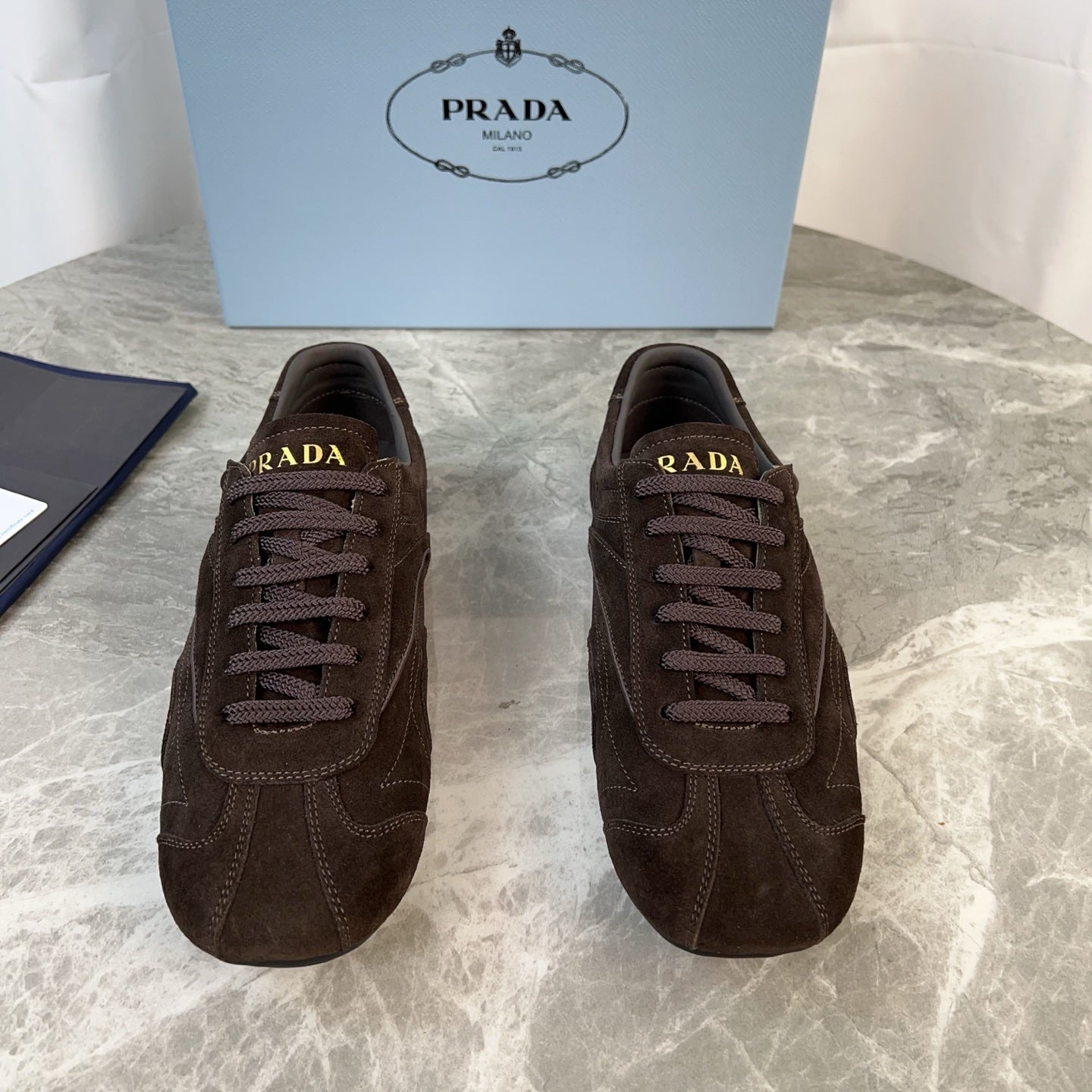 PRADA 25S MONTECARLO ANTIQUED SNEAKERS IN DARK BROWN SUEDE - 35