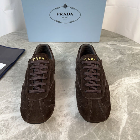 PRADA 25S MONTECARLO ANTIQUED SNEAKERS IN DARK BROWN SUEDE - 35