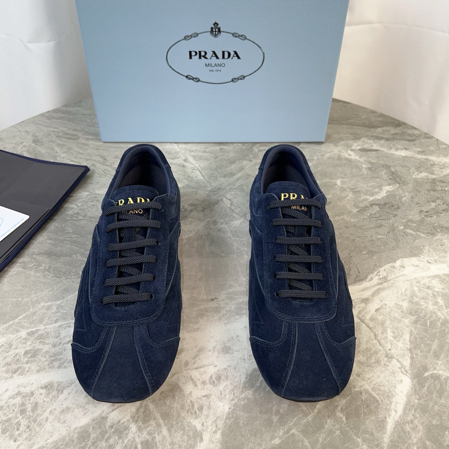 PRADA 25S MONTECARLO ANTIQUED SNEAKERS IN NAVY BLUE SUEDE - 35