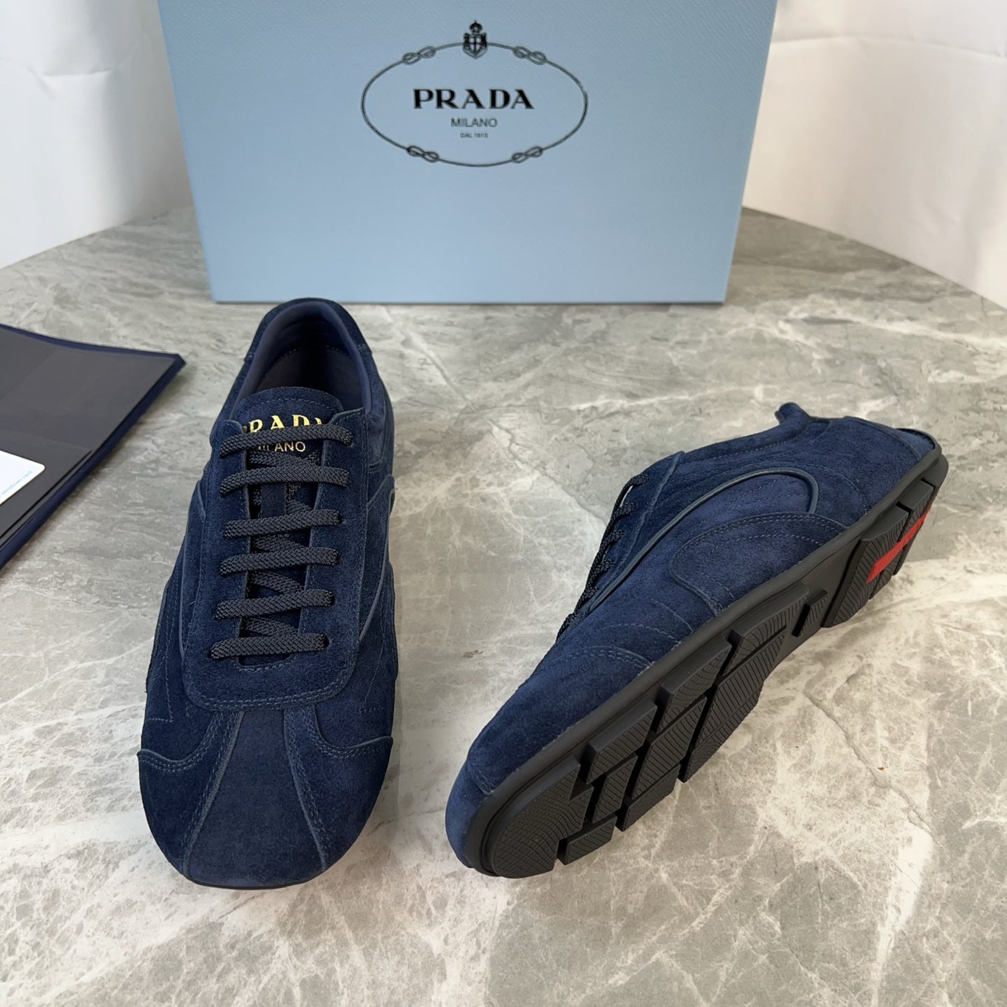 PRADA 25S MONTECARLO ANTIQUED SNEAKERS IN NAVY BLUE SUEDE - 35