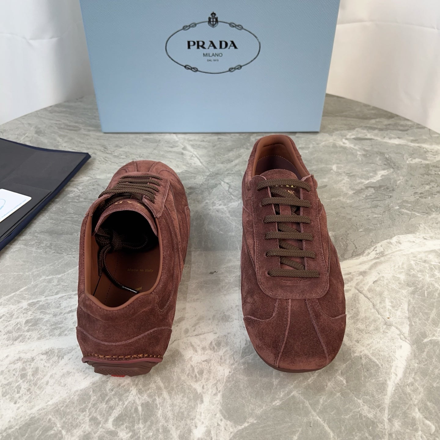 PRADA 25S MONTECARLO ANTIQUED SNEAKERS IN MAHOGANY BROWN SUEDE - 35