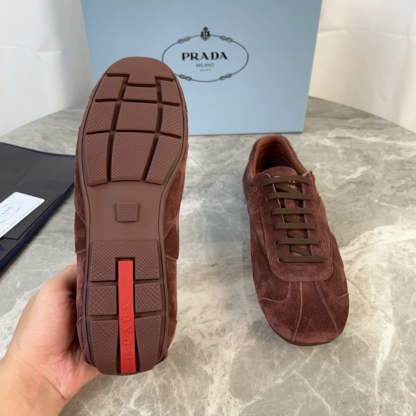 PRADA 25S MONTECARLO ANTIQUED SNEAKERS IN MAHOGANY BROWN SUEDE - 35