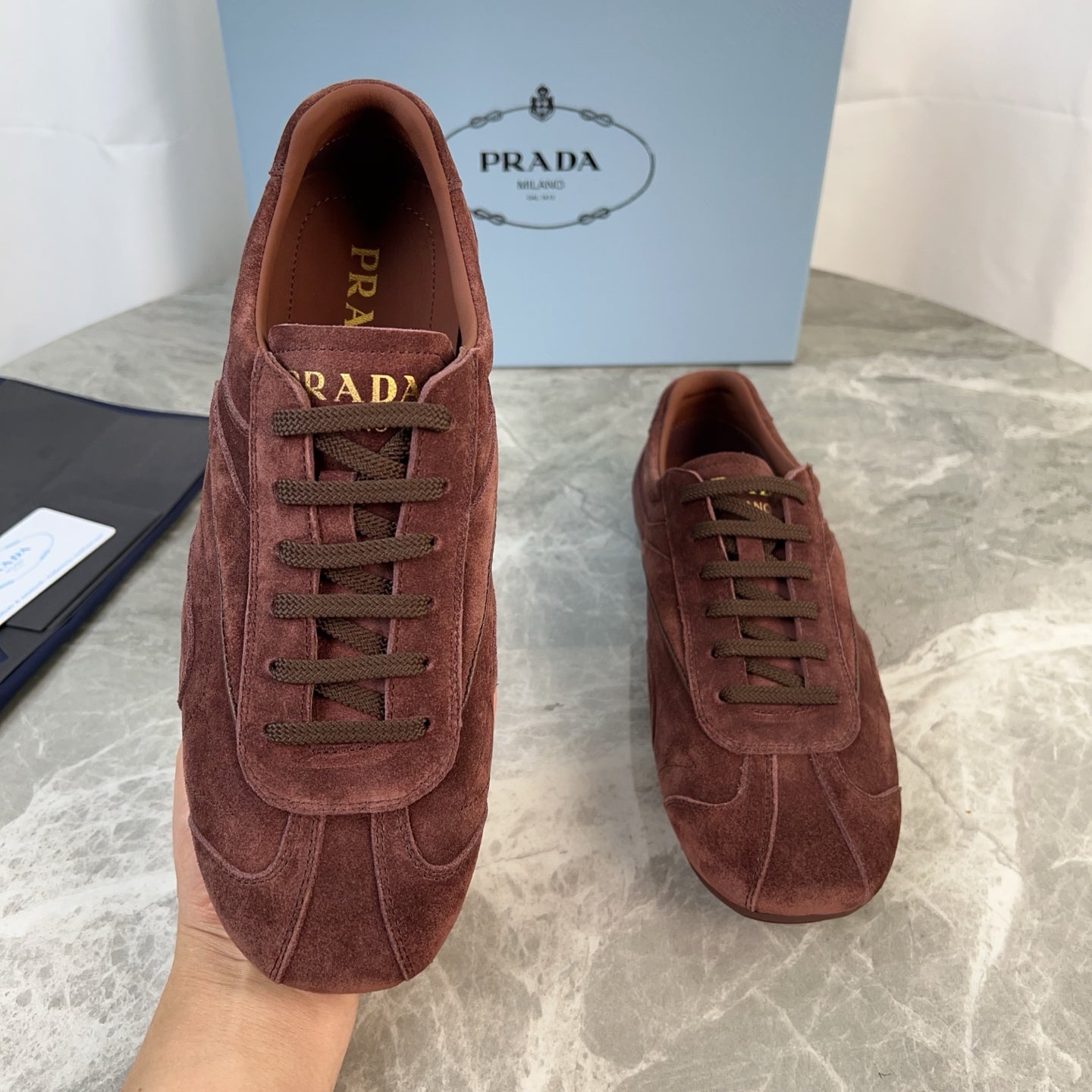PRADA 25S MONTECARLO ANTIQUED SNEAKERS IN MAHOGANY BROWN SUEDE - 35