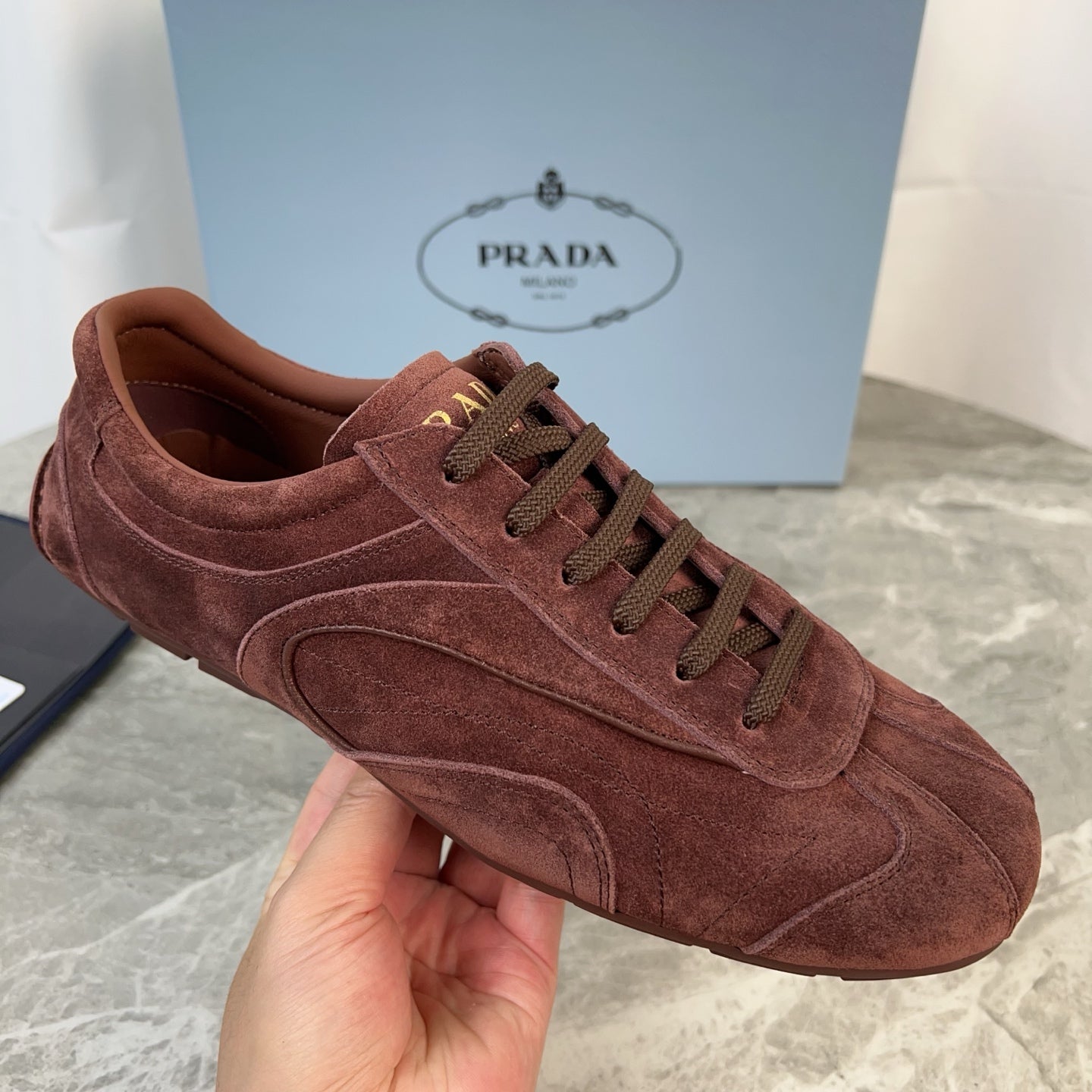 PRADA 25S MONTECARLO ANTIQUED SNEAKERS IN MAHOGANY BROWN SUEDE - 35