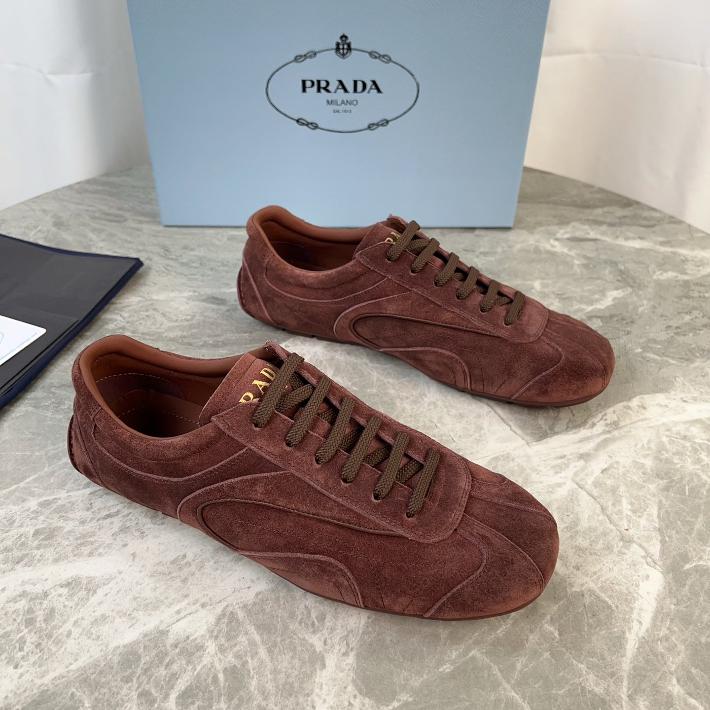 PRADA 25S MONTECARLO ANTIQUED SNEAKERS IN MAHOGANY BROWN SUEDE - 35
