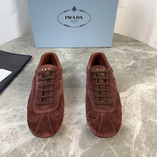 PRADA 25S MONTECARLO ANTIQUED SNEAKERS IN MAHOGANY BROWN SUEDE - 35