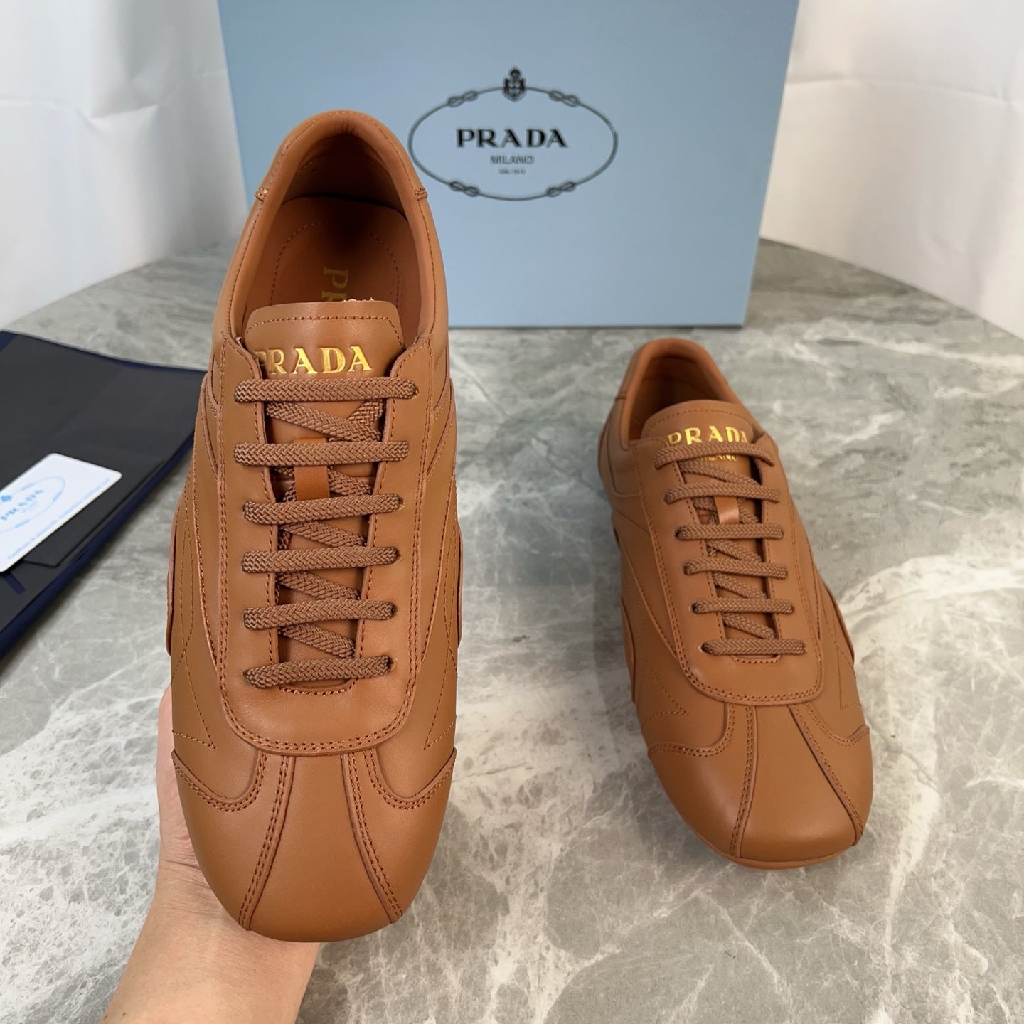 PRADA 25S MONTECARLO ANTIQUED SNEAKERS IN CARAMEL NAPPA LEATHER - 35