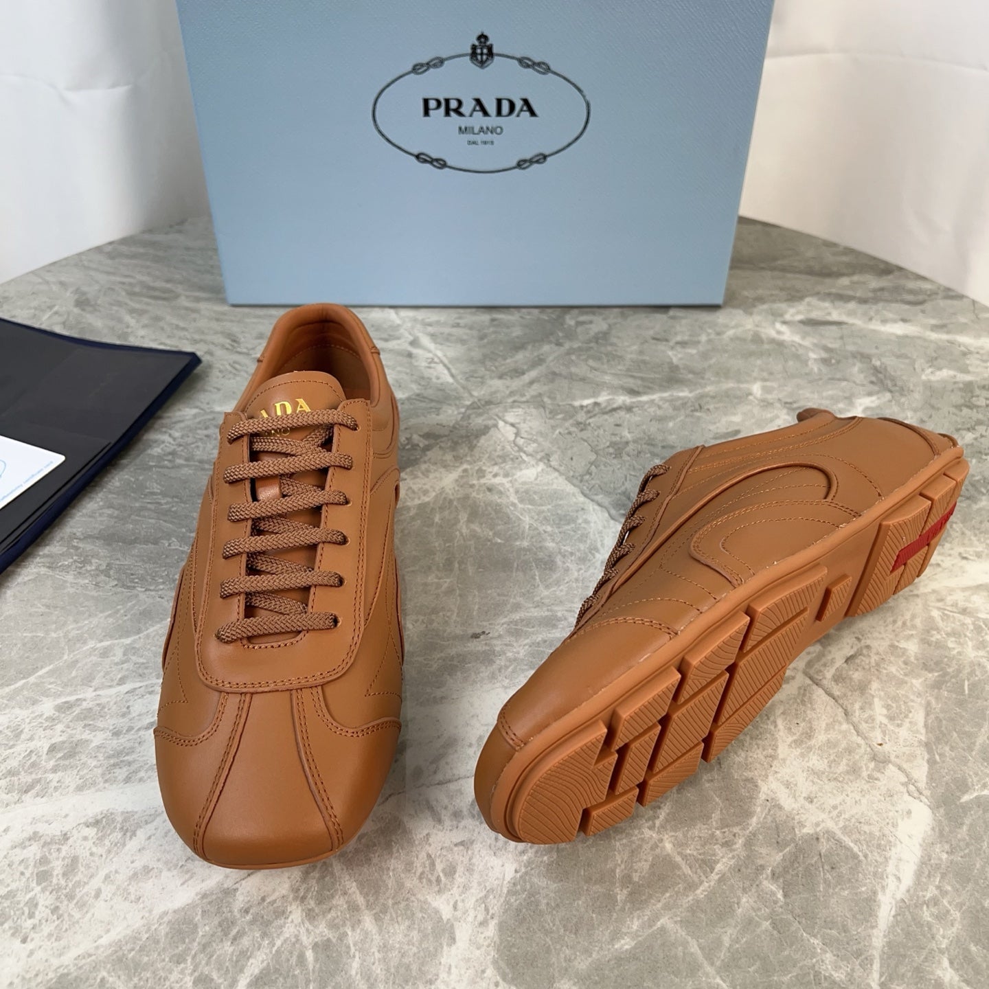 PRADA 25S MONTECARLO ANTIQUED SNEAKERS IN CARAMEL NAPPA LEATHER - 35