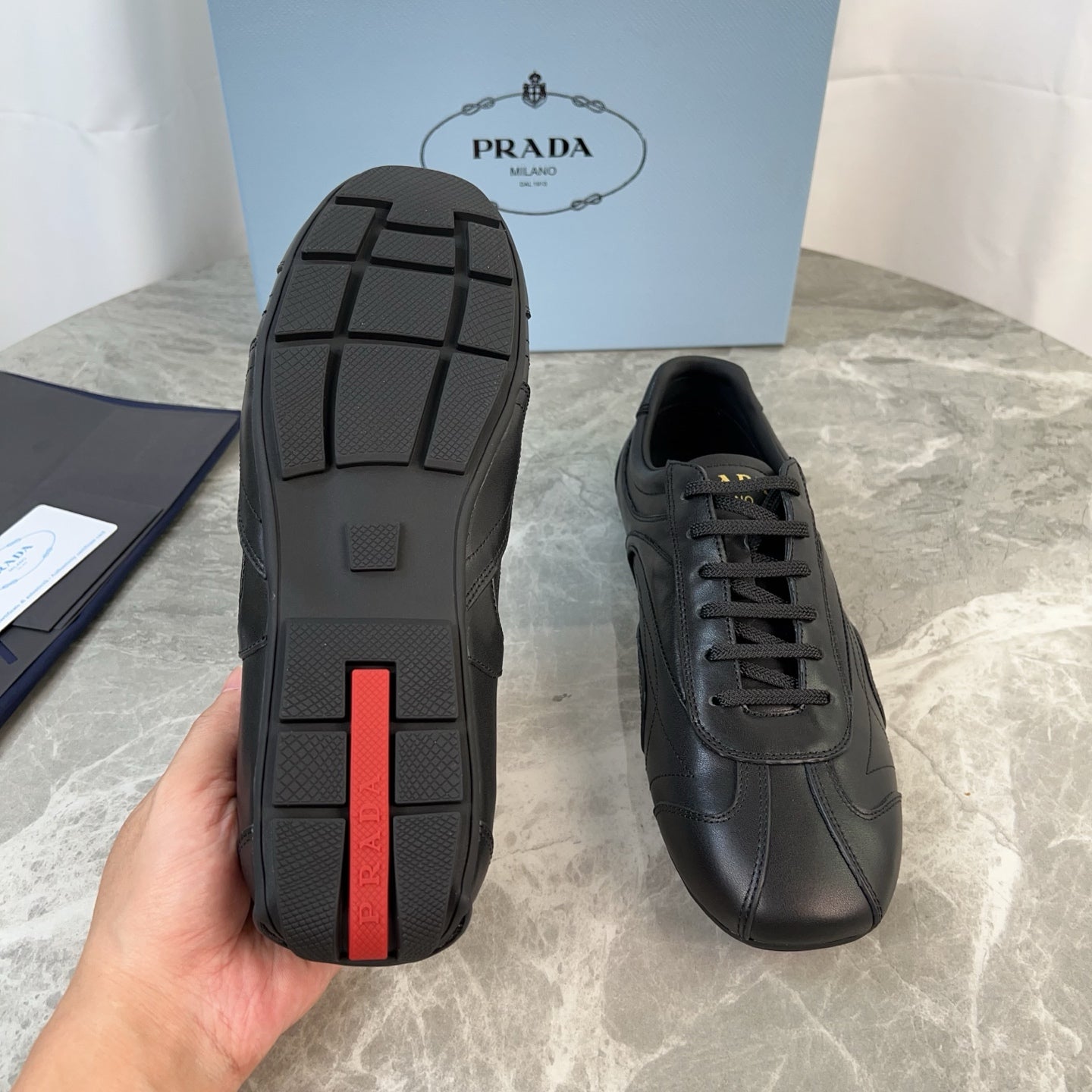 PRADA 25S MONTECARLO ANTIQUED SNEAKERS IN BLACK NAPPA LEATHER - 35