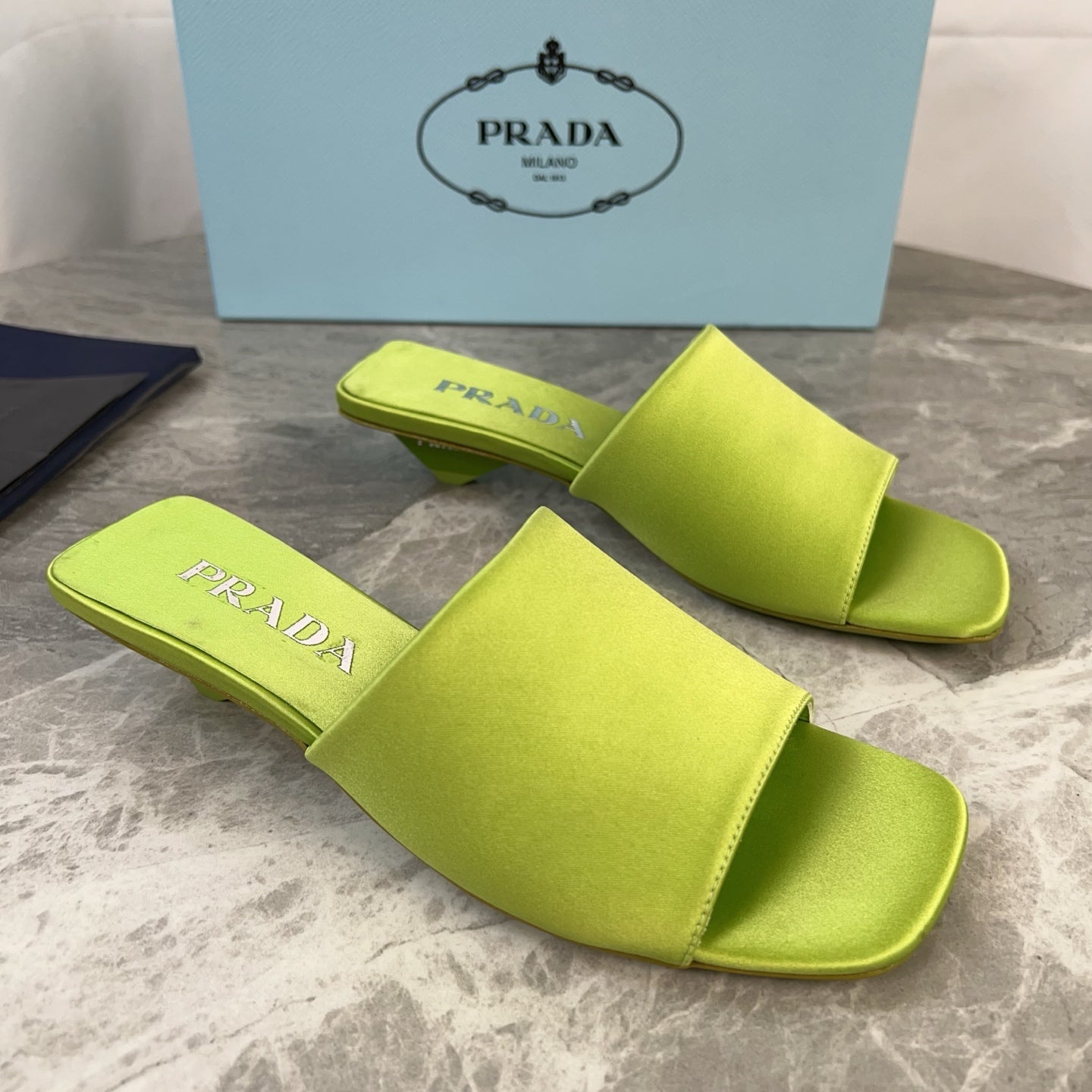 PRADA 25S TRIANGLE HEEL SANDALS 35MM IN LIME YELLOW SATIN - 34