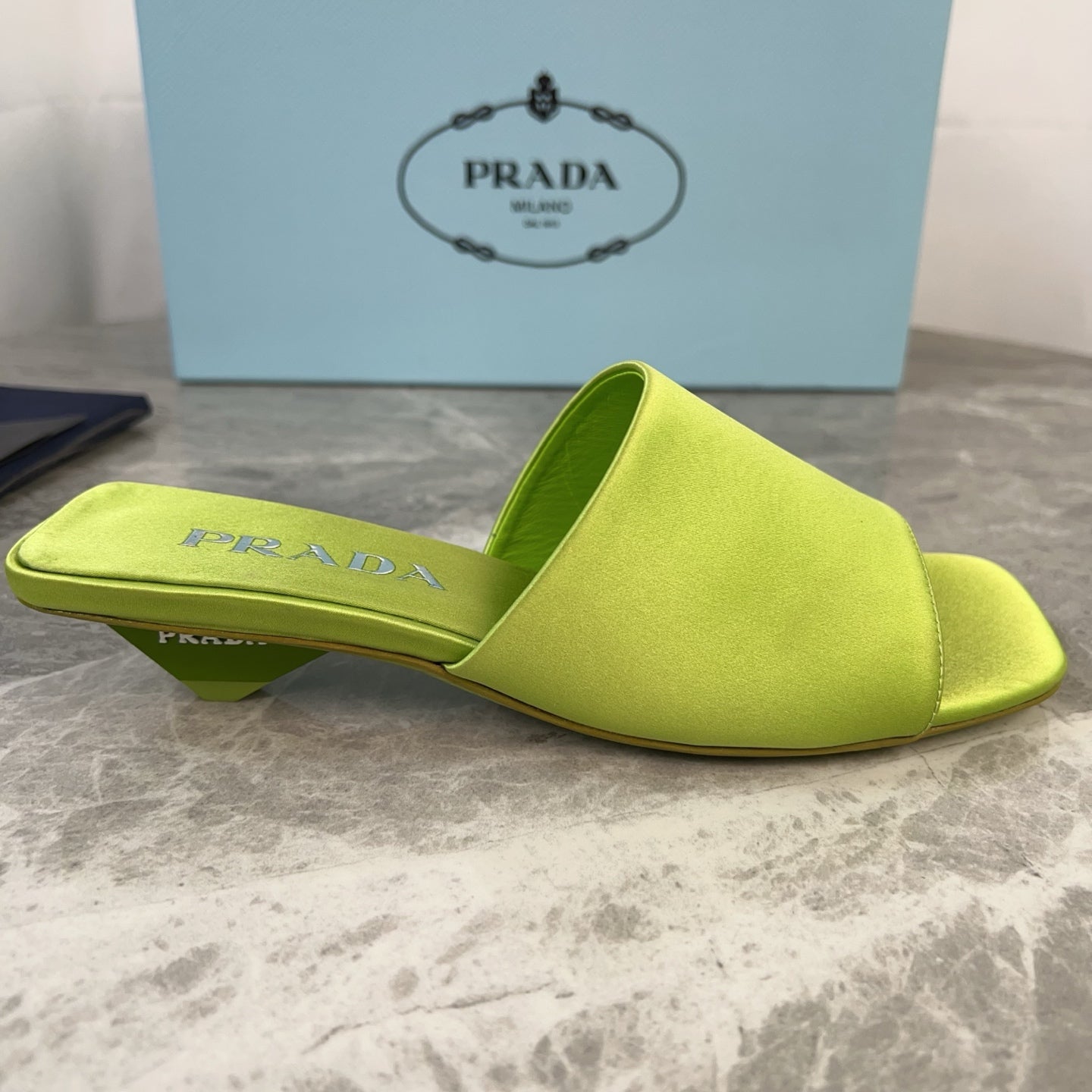 PRADA 25S TRIANGLE HEEL SANDALS 35MM IN LIME YELLOW SATIN - 34