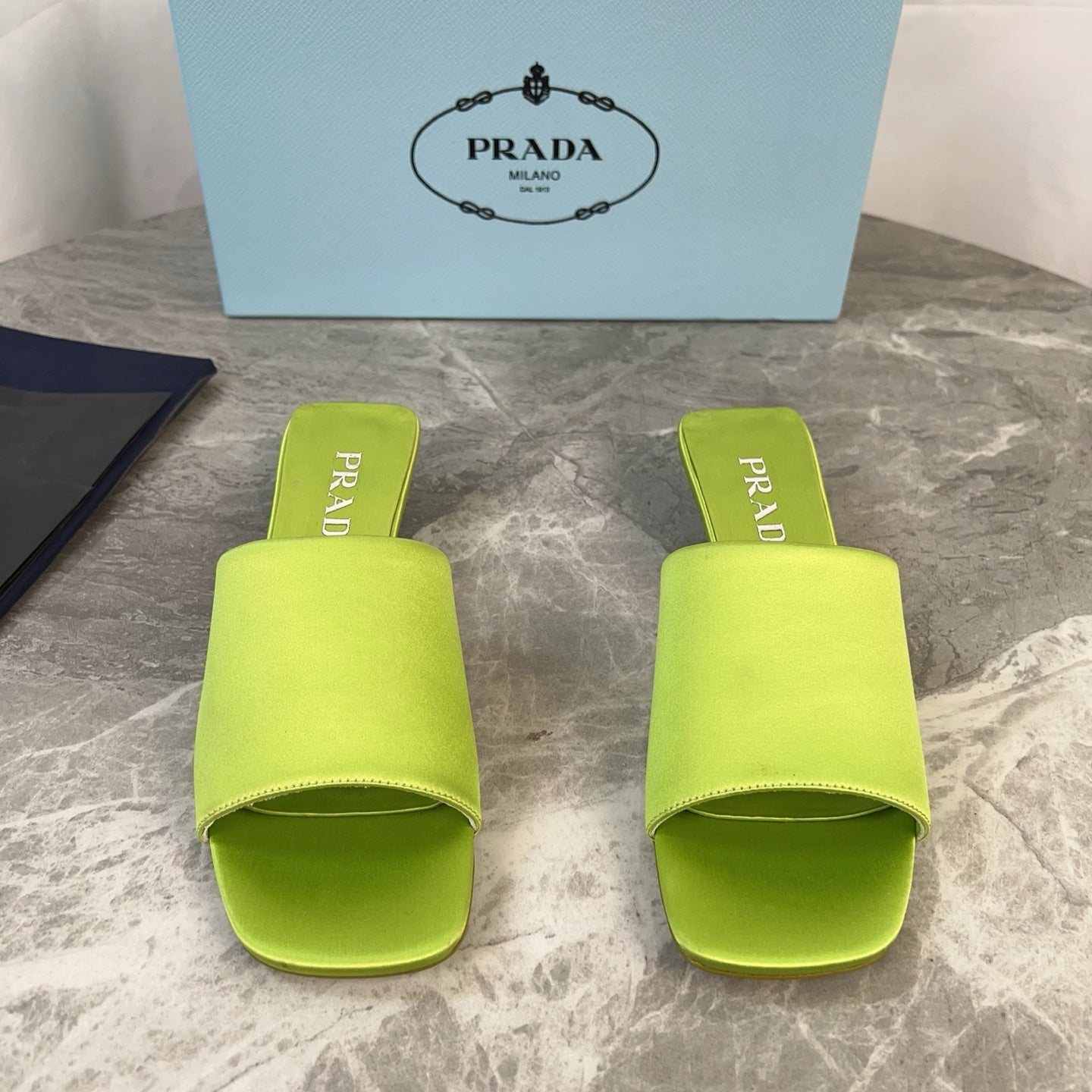 PRADA 25S TRIANGLE HEEL SANDALS 35MM IN LIME YELLOW SATIN - 34