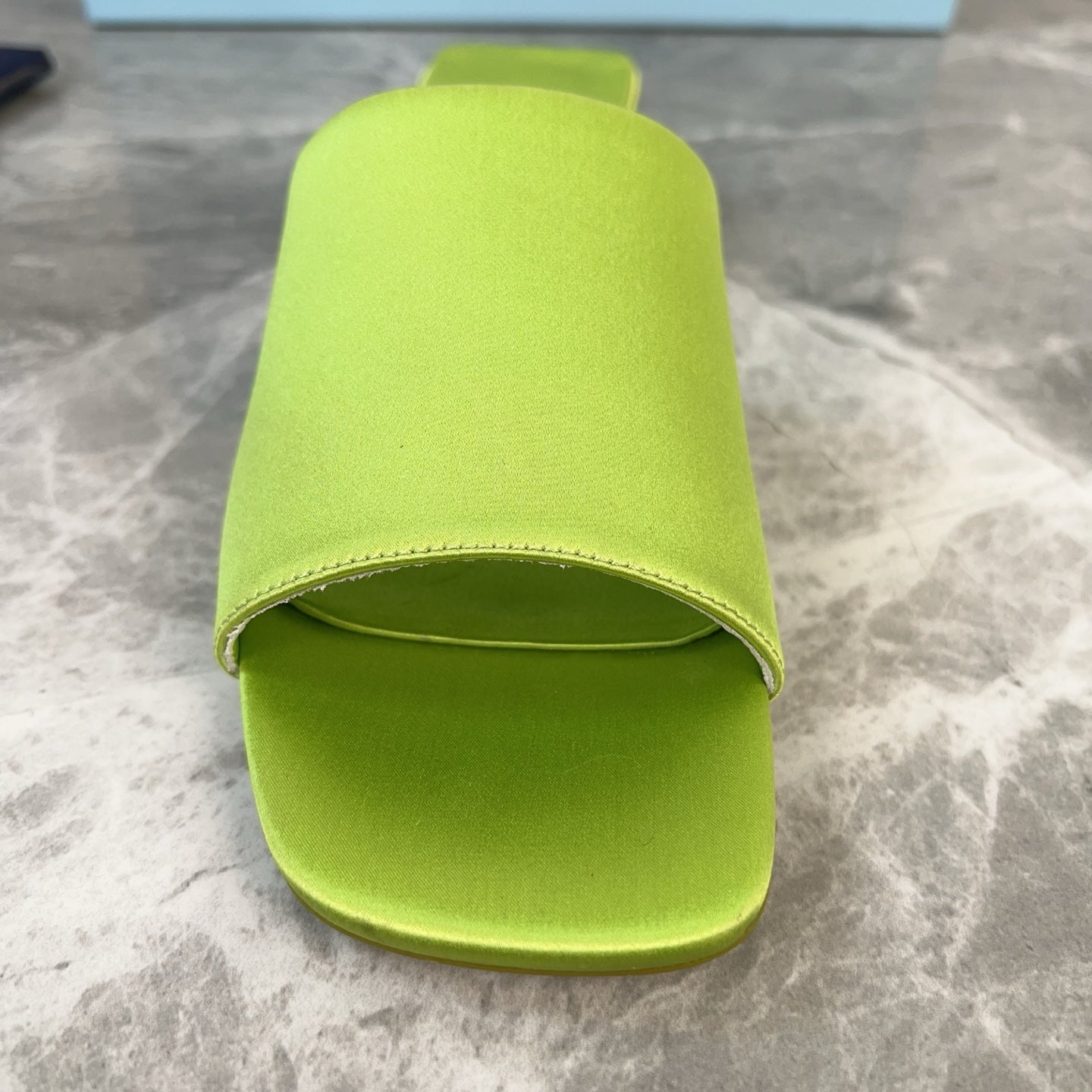 PRADA 25S TRIANGLE HEEL SANDALS 35MM IN LIME YELLOW SATIN - 34