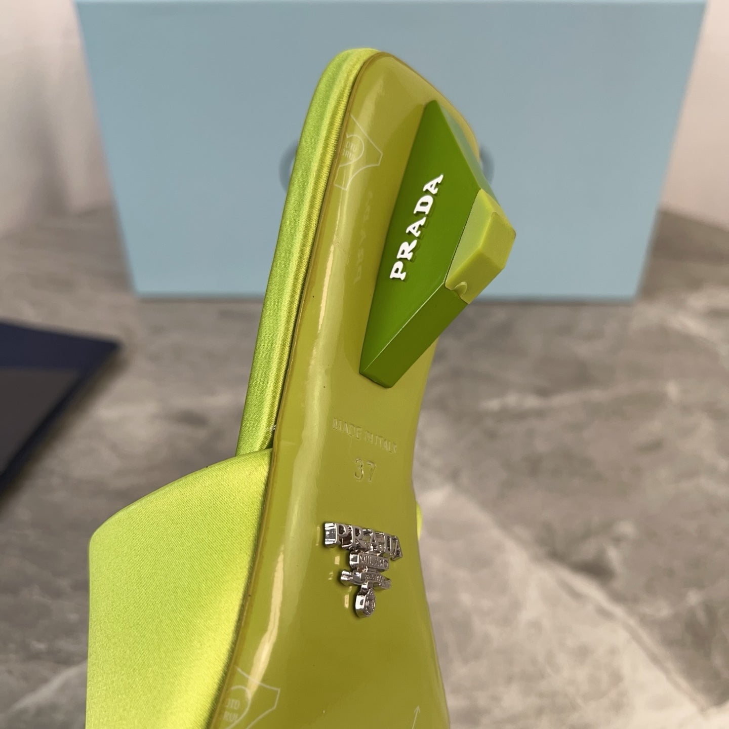 PRADA 25S TRIANGLE HEEL SANDALS 35MM IN LIME YELLOW SATIN - 34