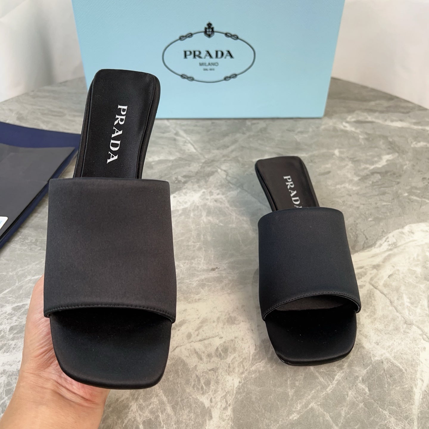 PRADA 25S TRIANGLE HEEL SANDALS 35MM IN BLACK SATIN - 34