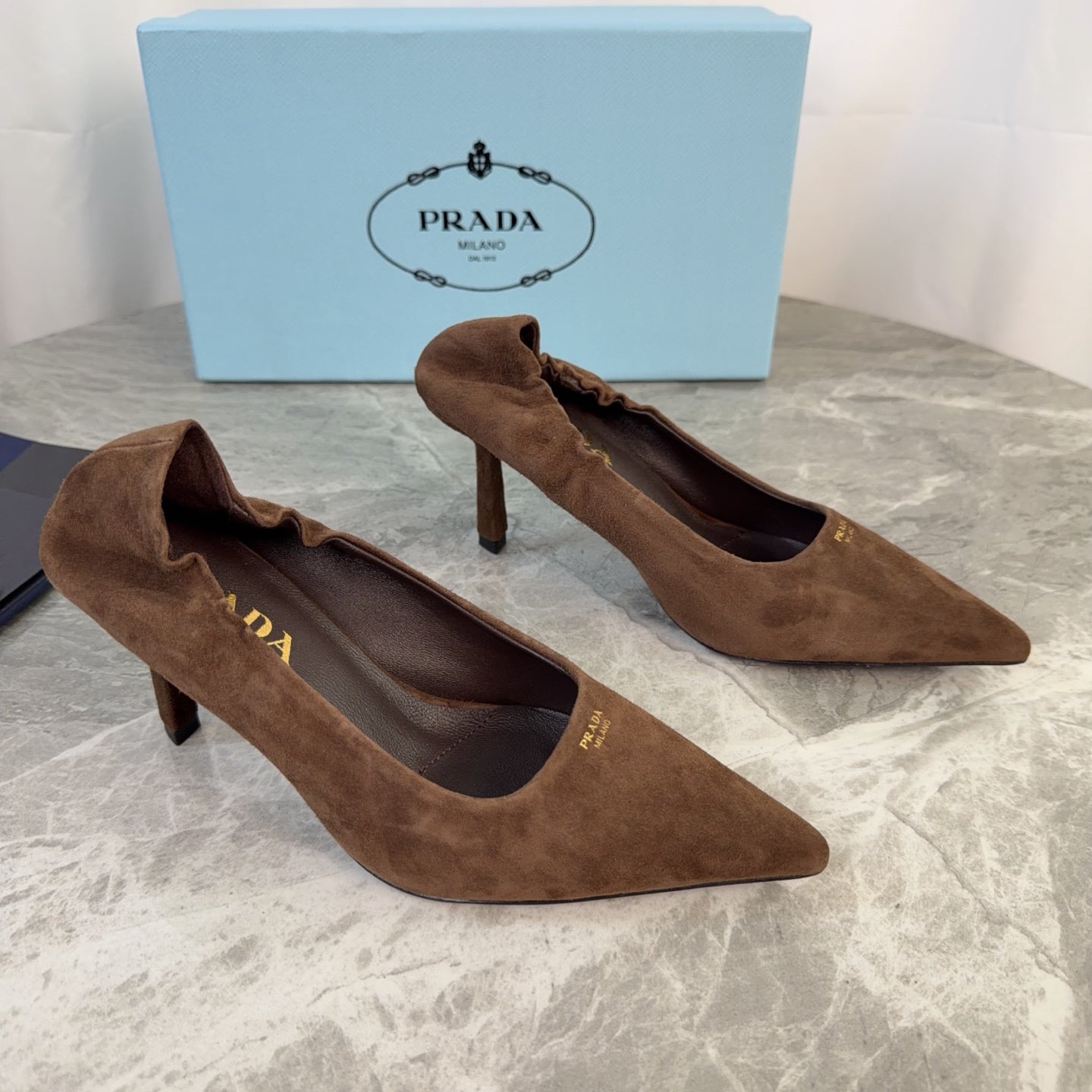 PRADA 25S HIGH HEELS 75 MM IN DARK BROWN SUEDE - 34