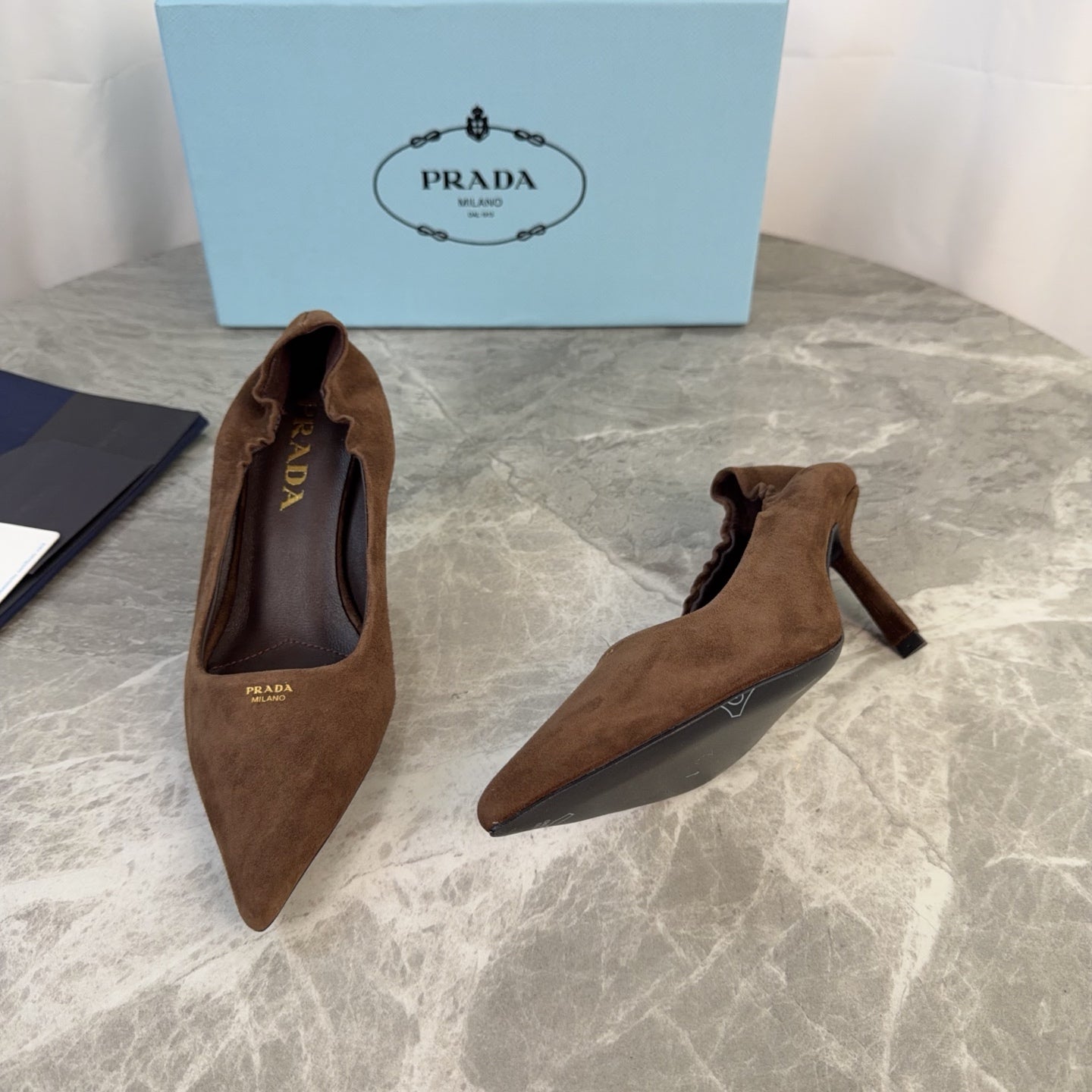 PRADA 25S HIGH HEELS 75 MM IN DARK BROWN SUEDE - 34